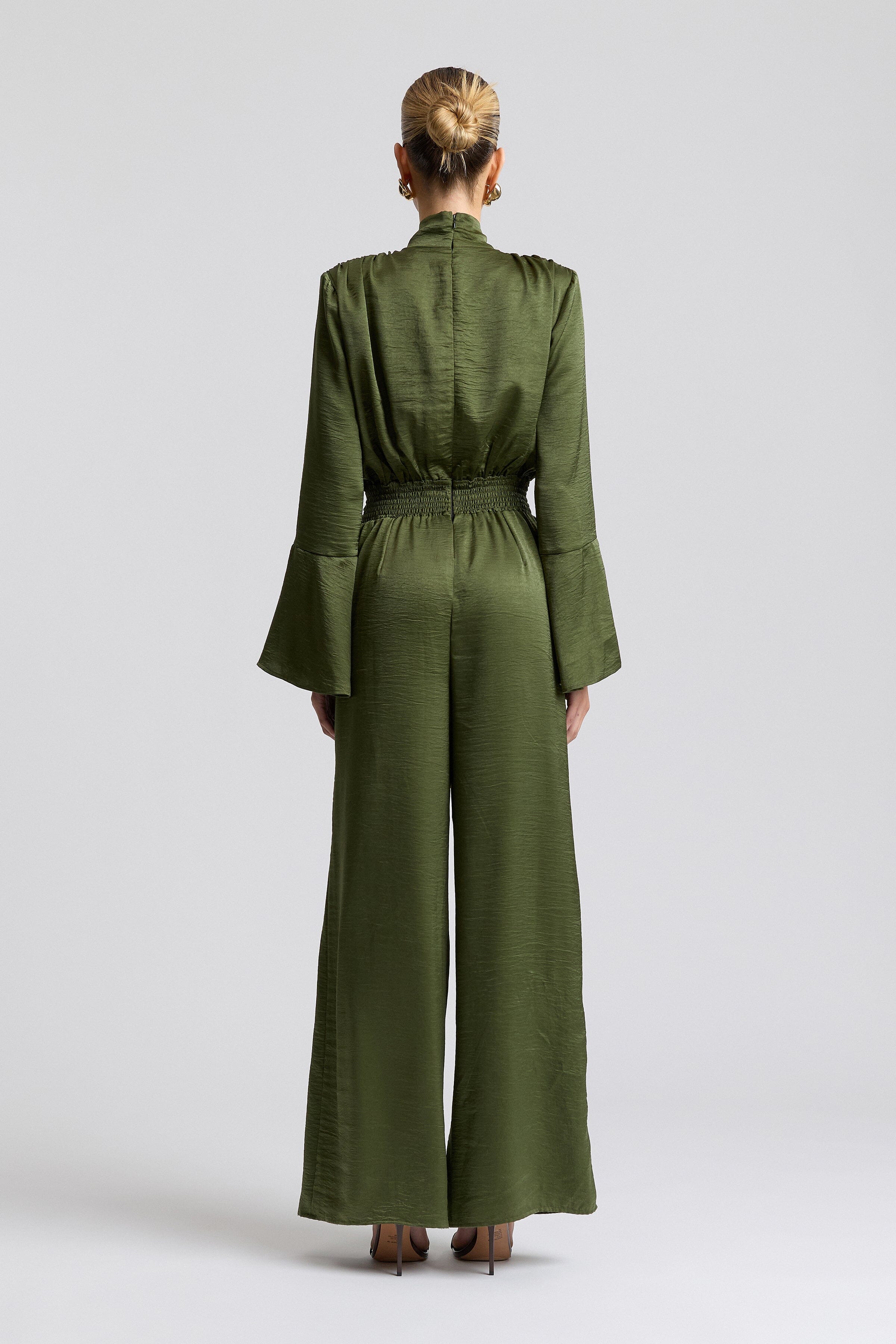 Olive green satin jumpsuit with long slim sleeves - Shop women's cute satin jumpsuits by Avec Les Filles.