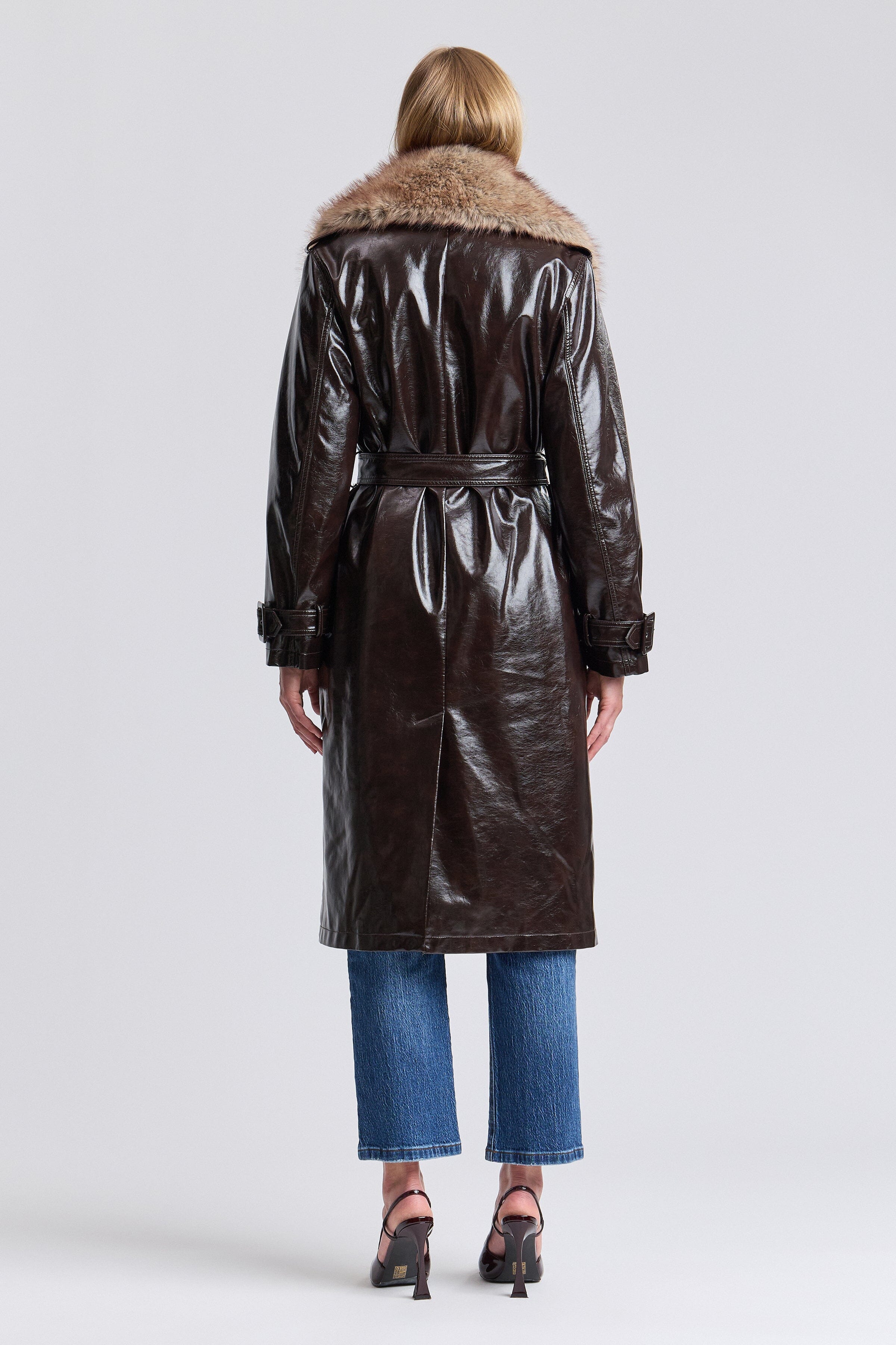 Faux leather brown trench coat with detachable collar - Shop women's trench coats by Avec Les Filles.