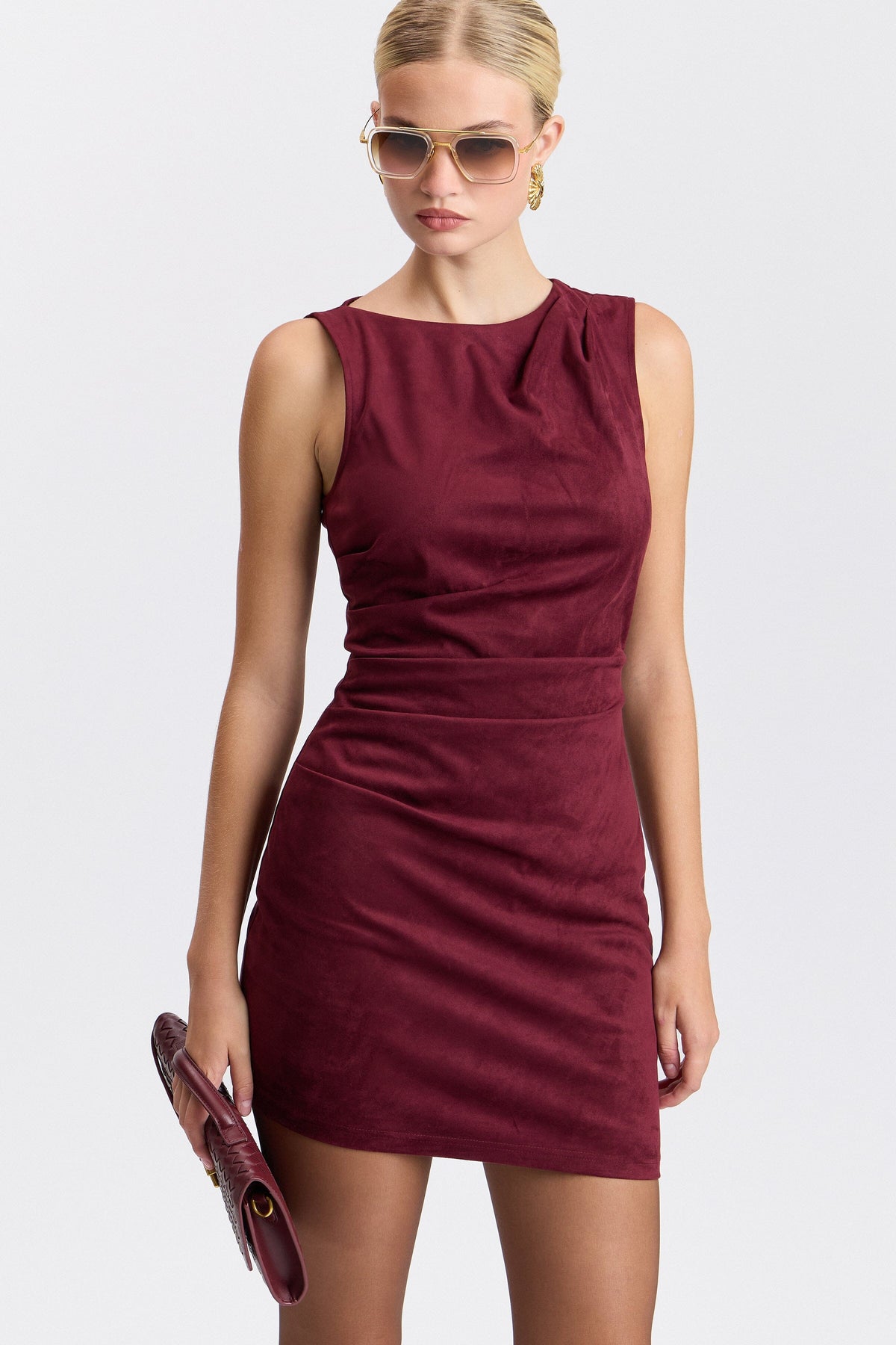 Burgundy faux suede dress with asymmetrical neck - Shop women's cute mini dresses by Avec Les Filles.