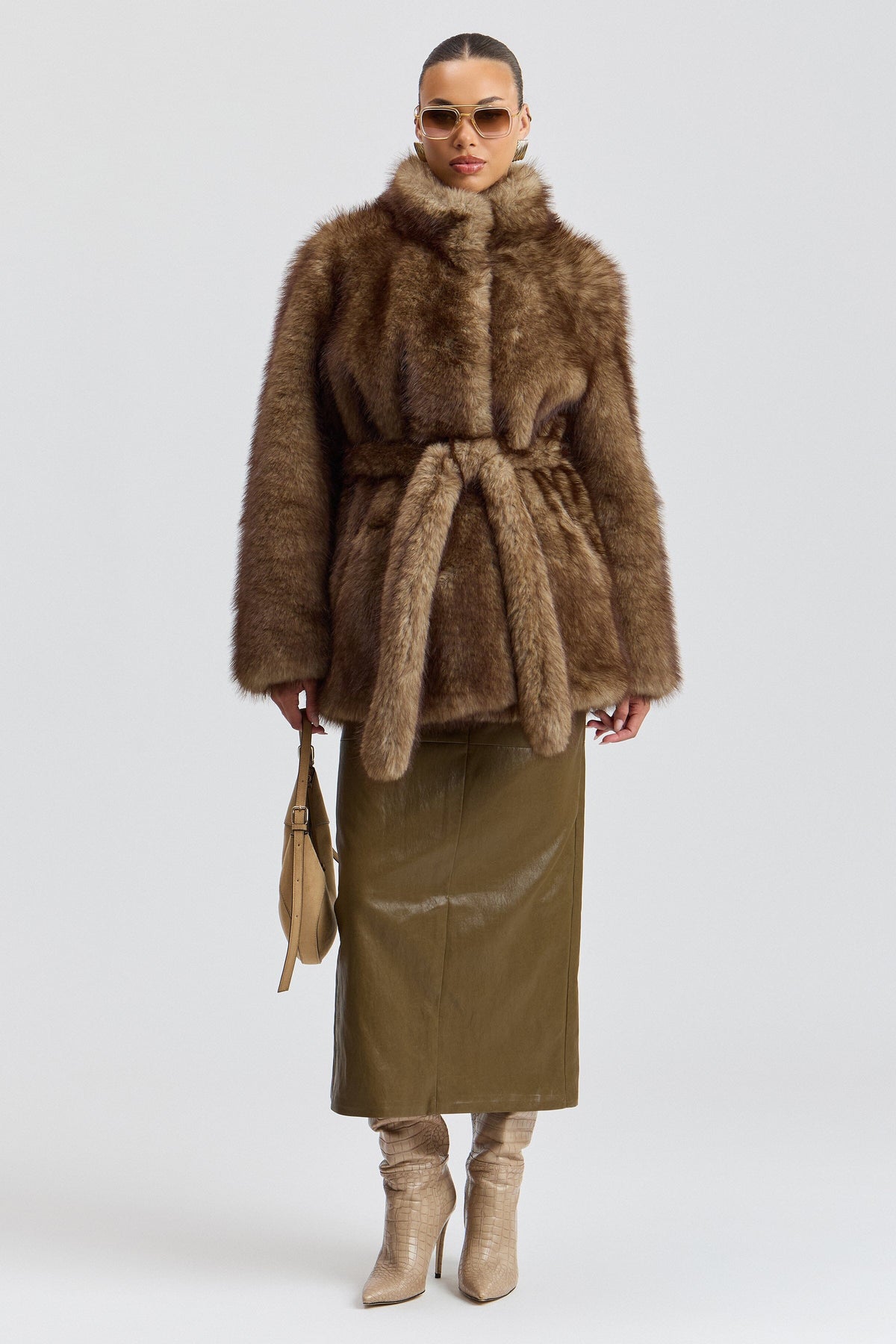 Brown faux fur coat with a stand collar and removable belt - Shop women's cute faux fur jackets by Avec Les Filles.