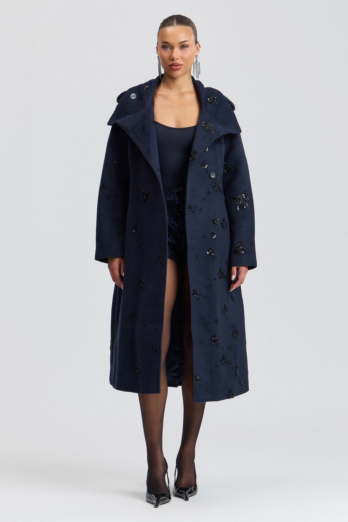 Sequin-embellished navy blue coat with a removable belt - Shop designer women's cute trench coats by Avec Les Filles.