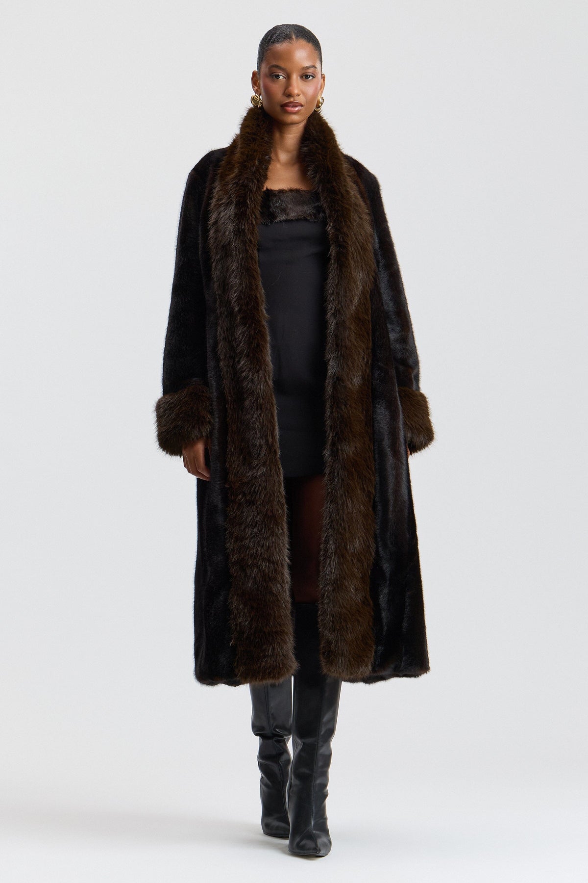 Tipped fit-and-flare long black fur coat jacket with shawl collar - Shop women's cute faux fur jackets by Avec Les Filles.
