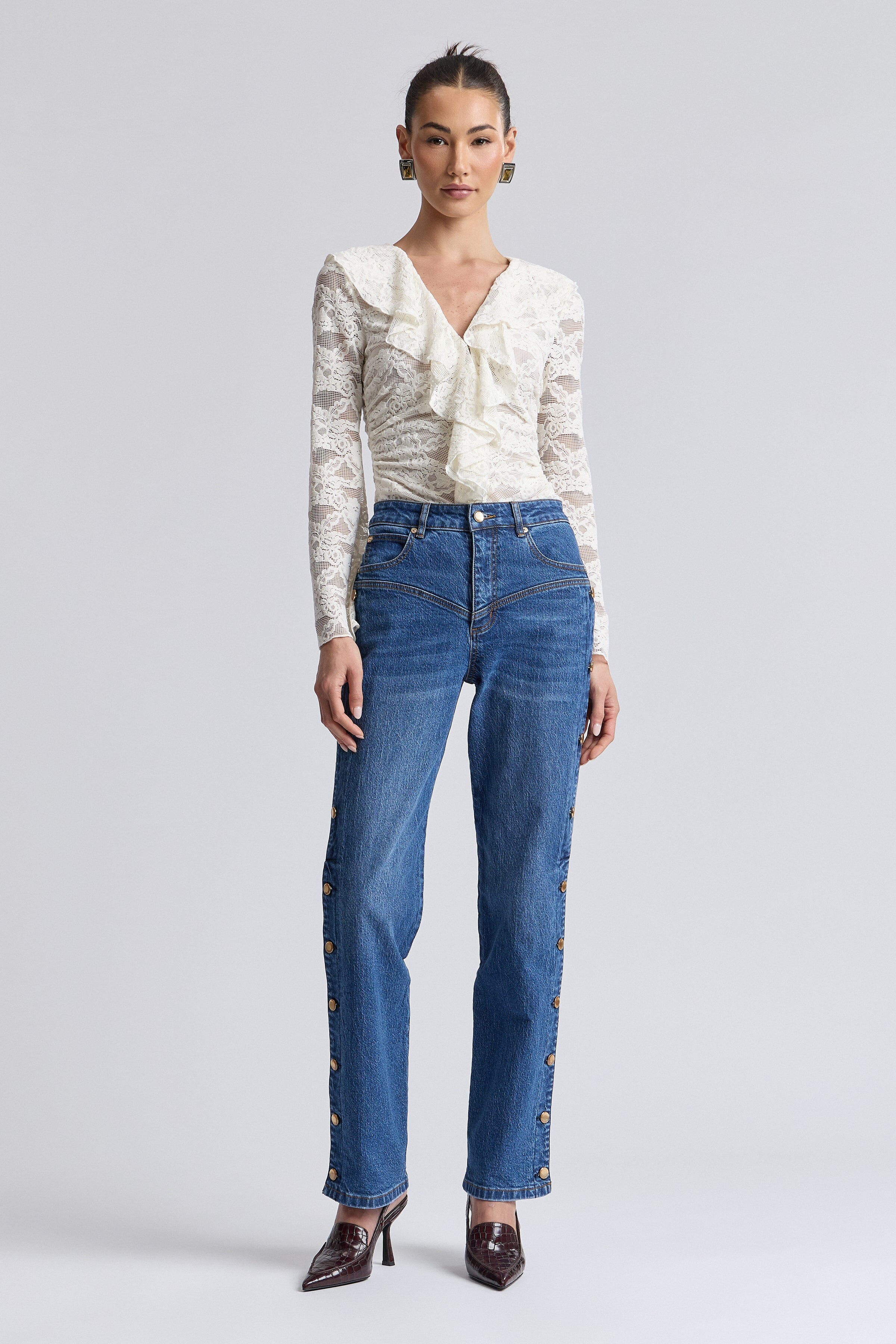 Straight-leg blue jeans with buttons on the side in a cotton blend - Shop women's denim jeans by Avec Les Filles.