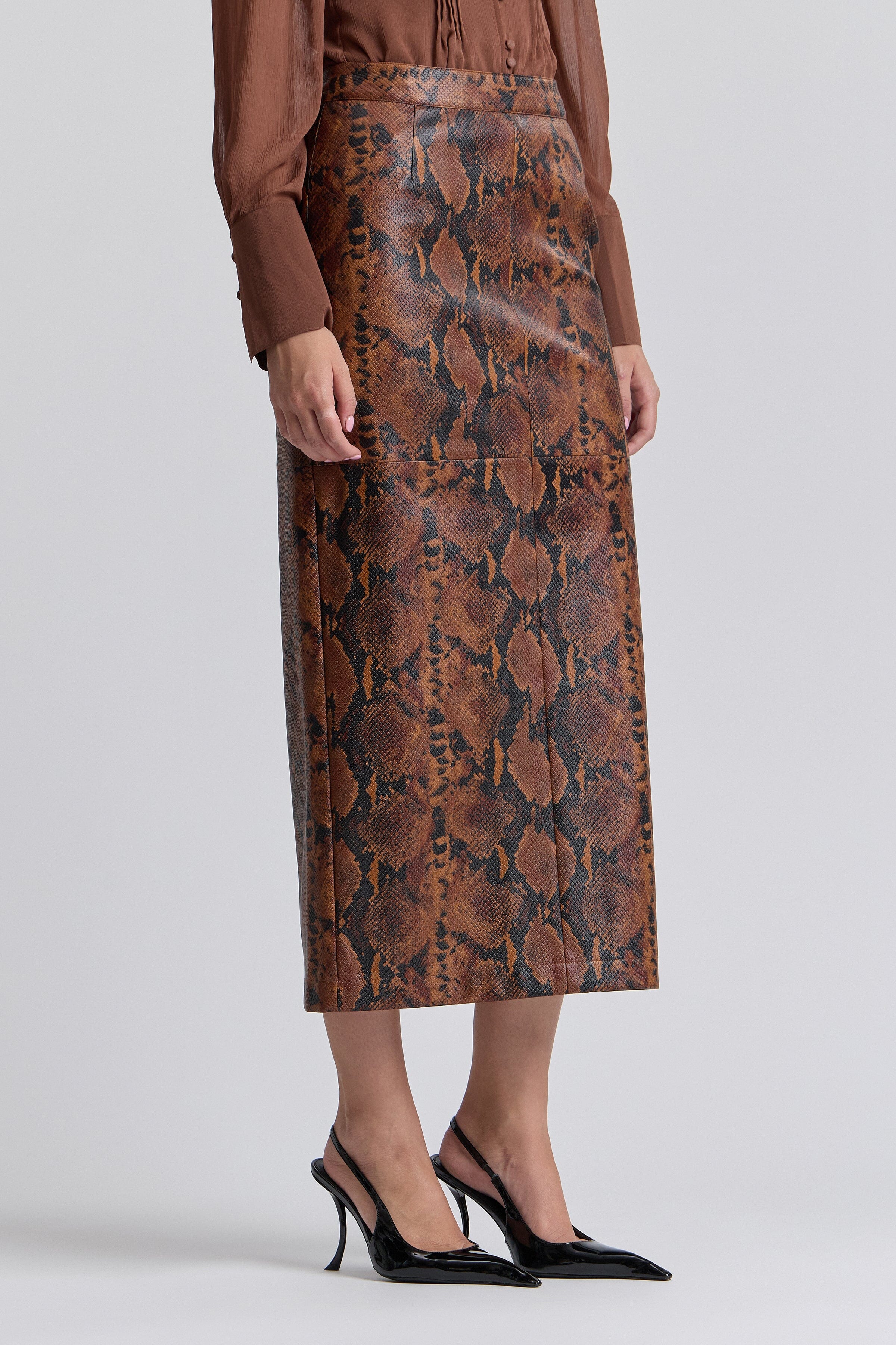 Brown snake print faux leather skirt with a structured waistband - Shop women's cute maxi skirts by Avec Les Filles.