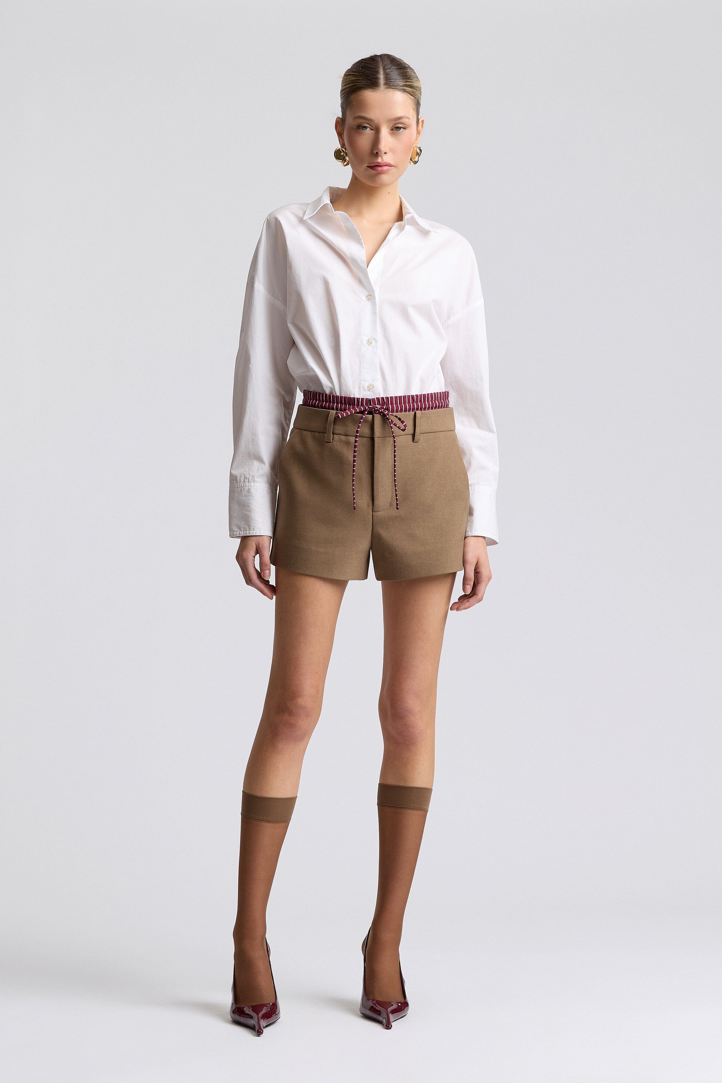 Tailored brown high waisted shorts with an adjustable drawstring and a belt - Shop women's brown shorts by Avec Les Filles.