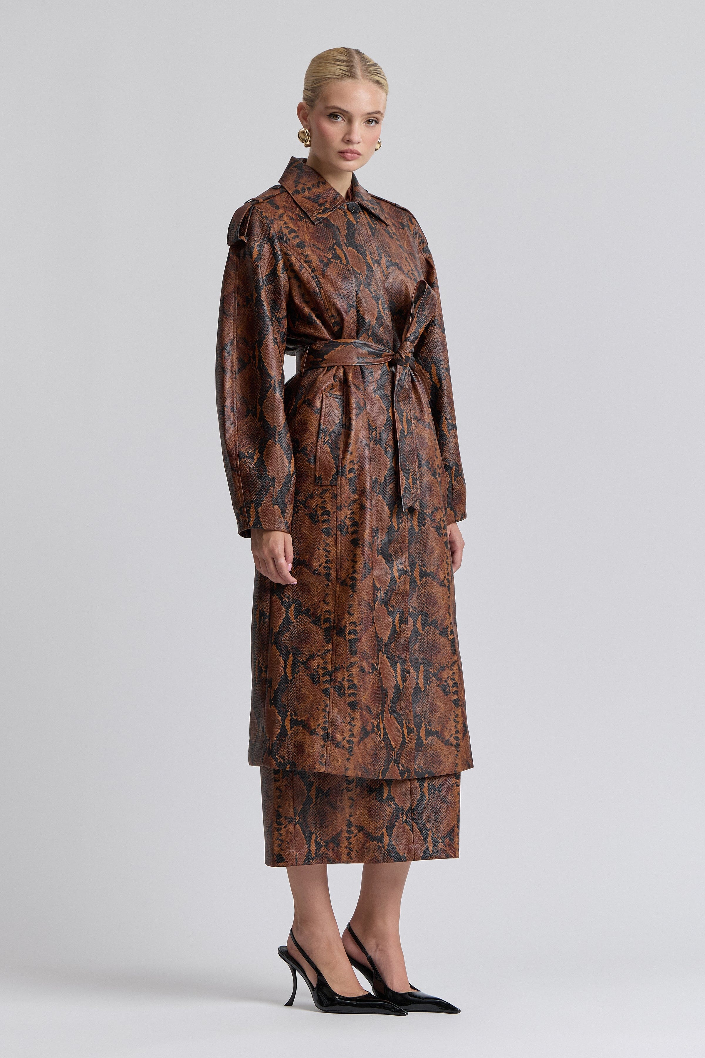 Faux leather brown snake print trench coat with a removable belt - Shop women's avec les filles trench coat.