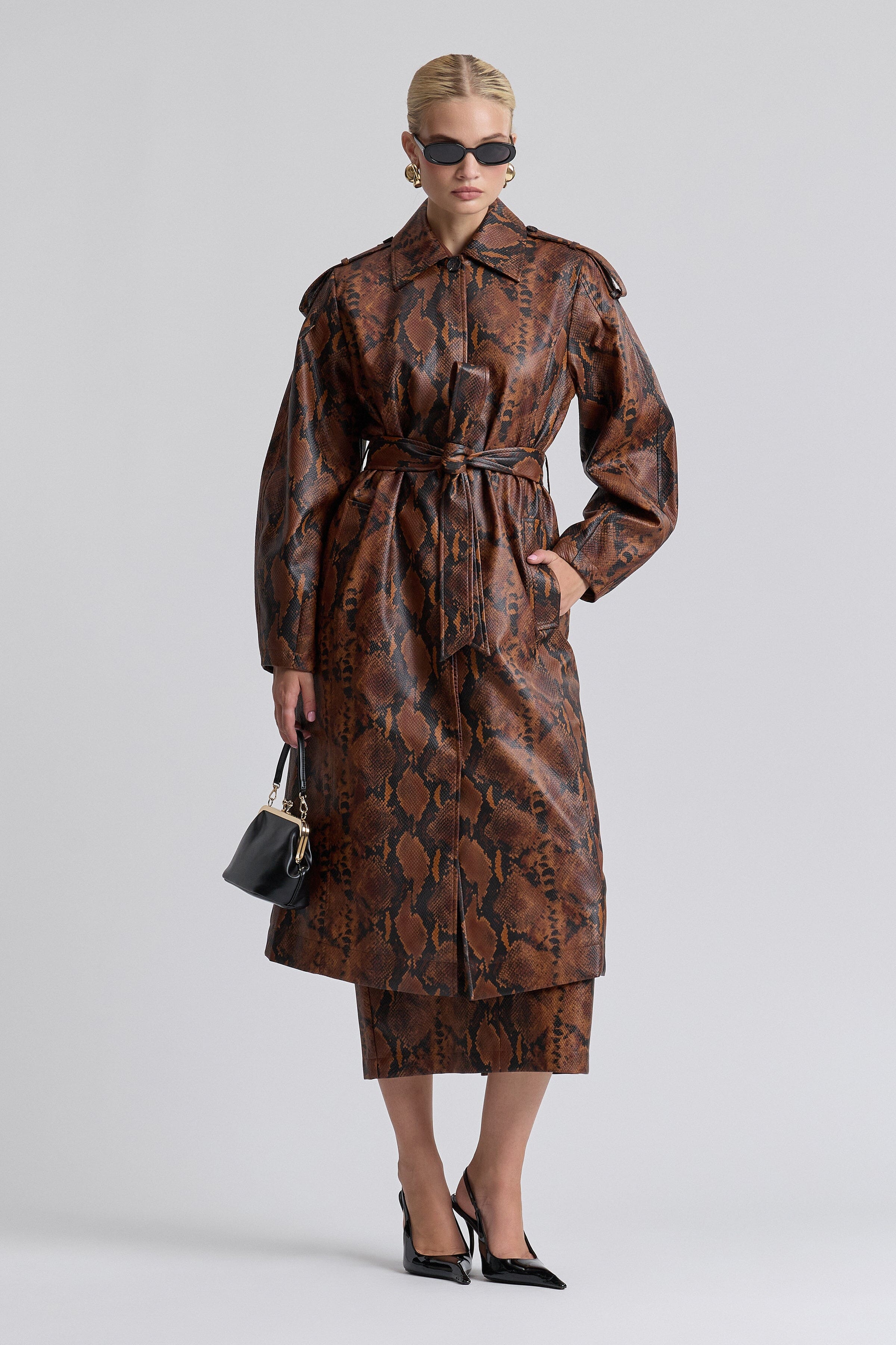 Brown faux leather trench coat with long barrel sleeves - Shop best trench coats for women by Avec Les Filles.