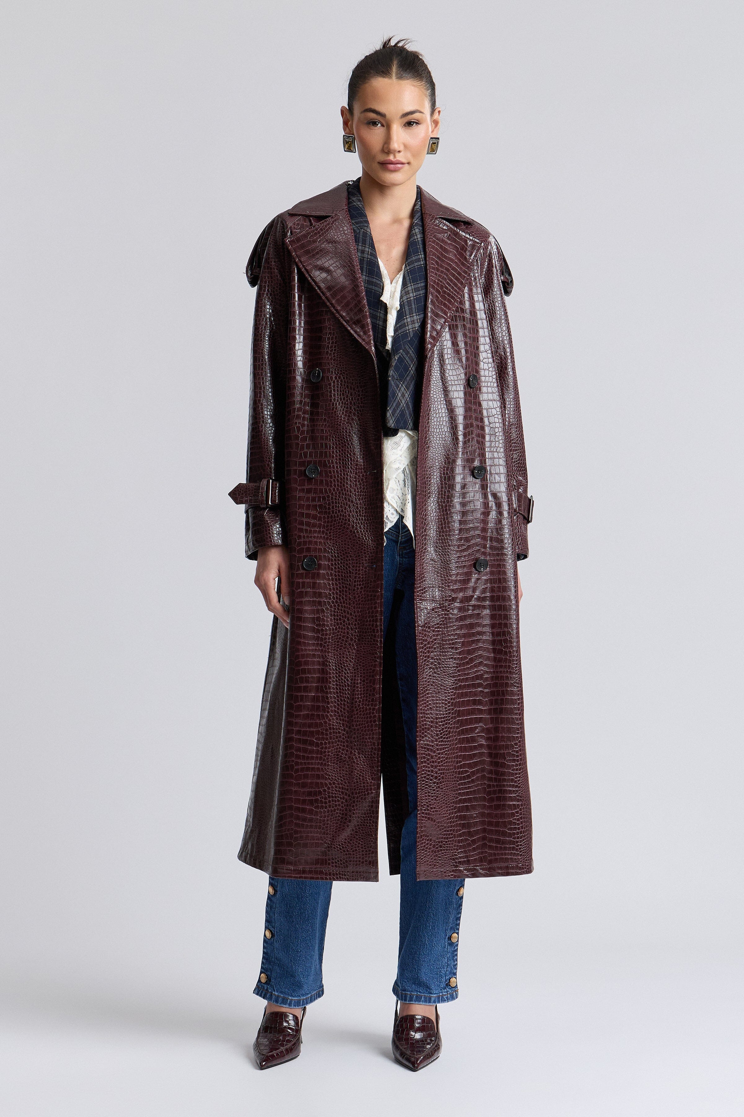 Dark red faux leather maxi trench coat women's with long sleeves - Shop cute maxi trench coats by Avec Les Filles.