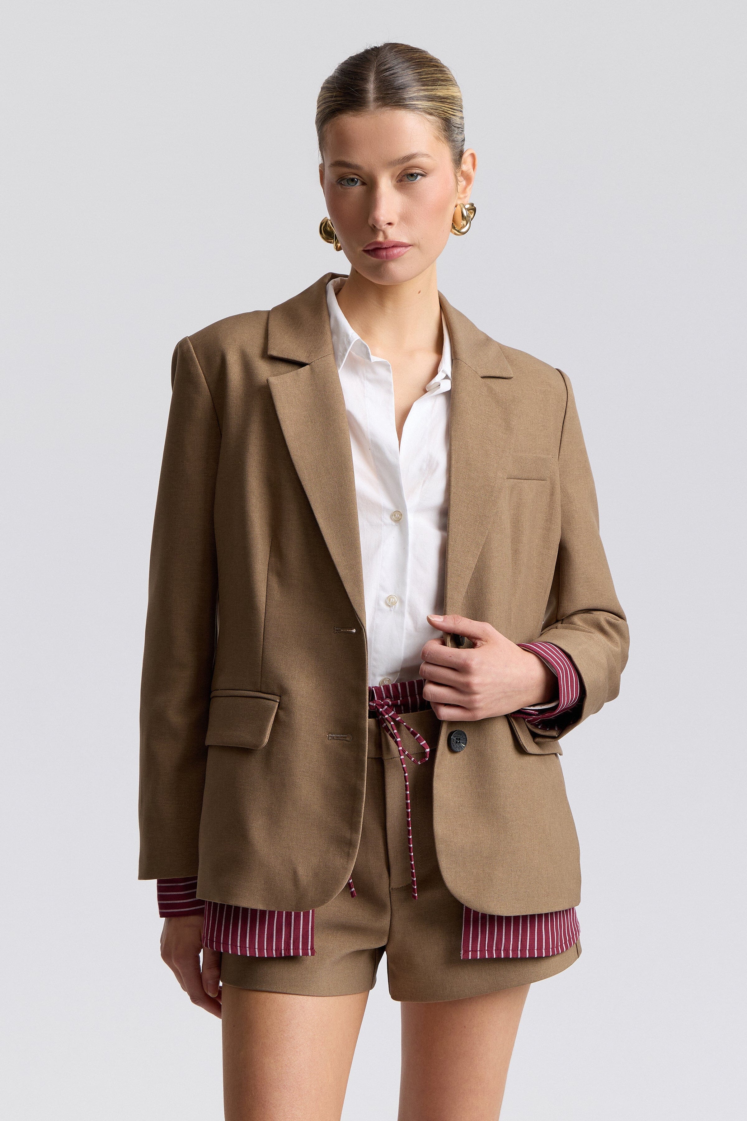Single-breasted light brown blazer with button front - Shop women's pinstripe blazer jackets by Avec Les Filles.