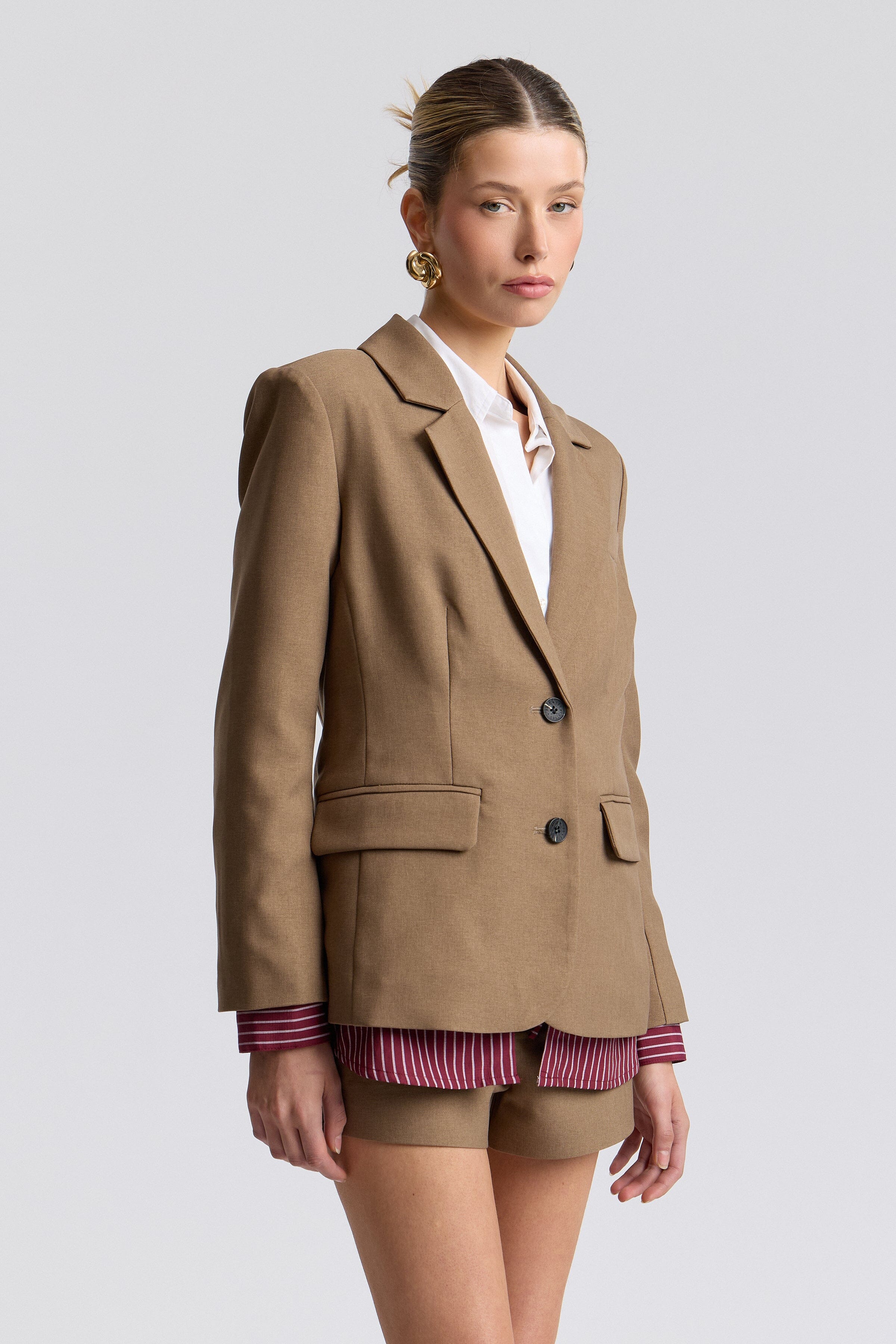 Womens tan blazer with button front and long sleeves - Shop cute pinstripe blazer jackets by Avec Les Filles.