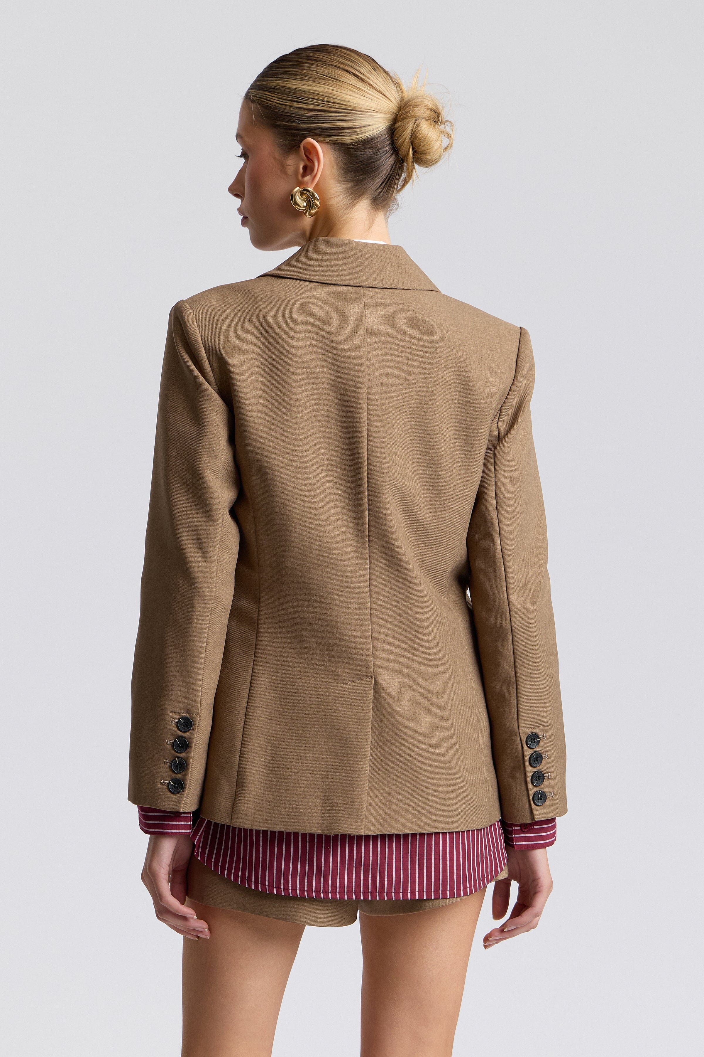 Cotton blend single-breasted light brown blazer with button front - Shop women's pinstripe blazer jackets by Avec Les Filles.