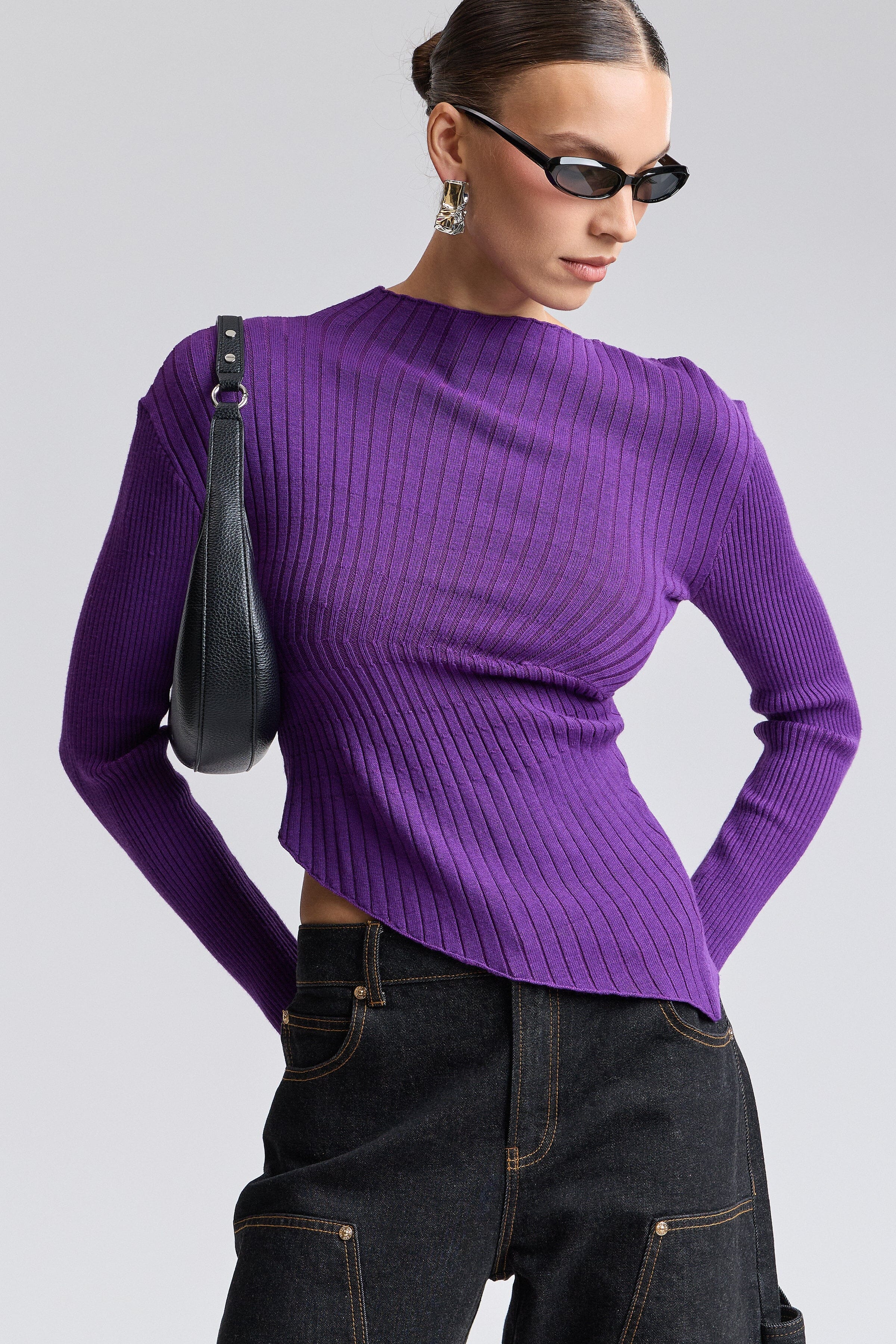 Ribbed knit purple womens top with asymmetric neck and long sleeves - Shop sweater tops by Avec Les Filles.