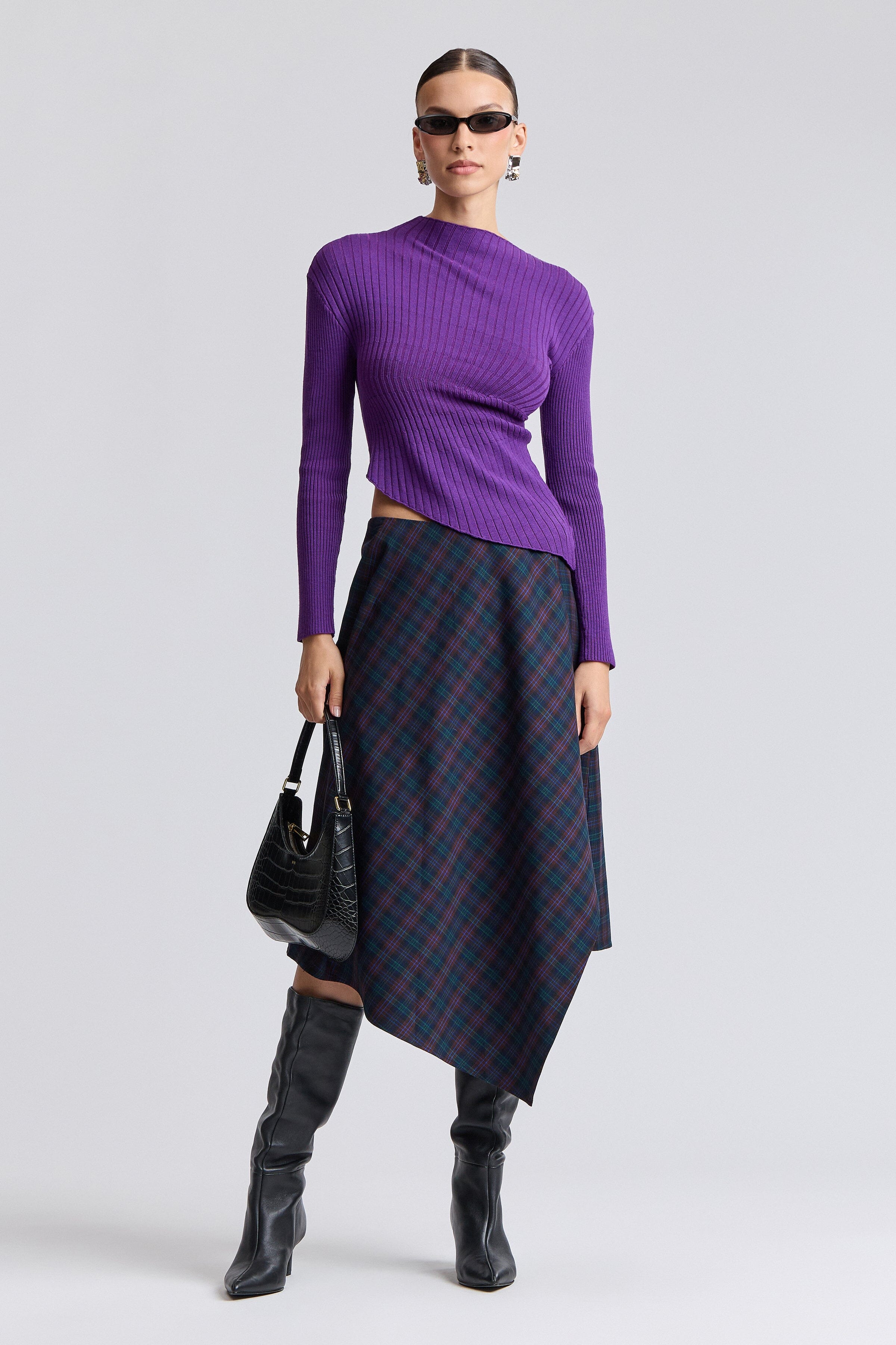 Purple ribbed high neck long sleeve top with asymmetric neck - Shop women's sweater tops by Avec Les Filles.