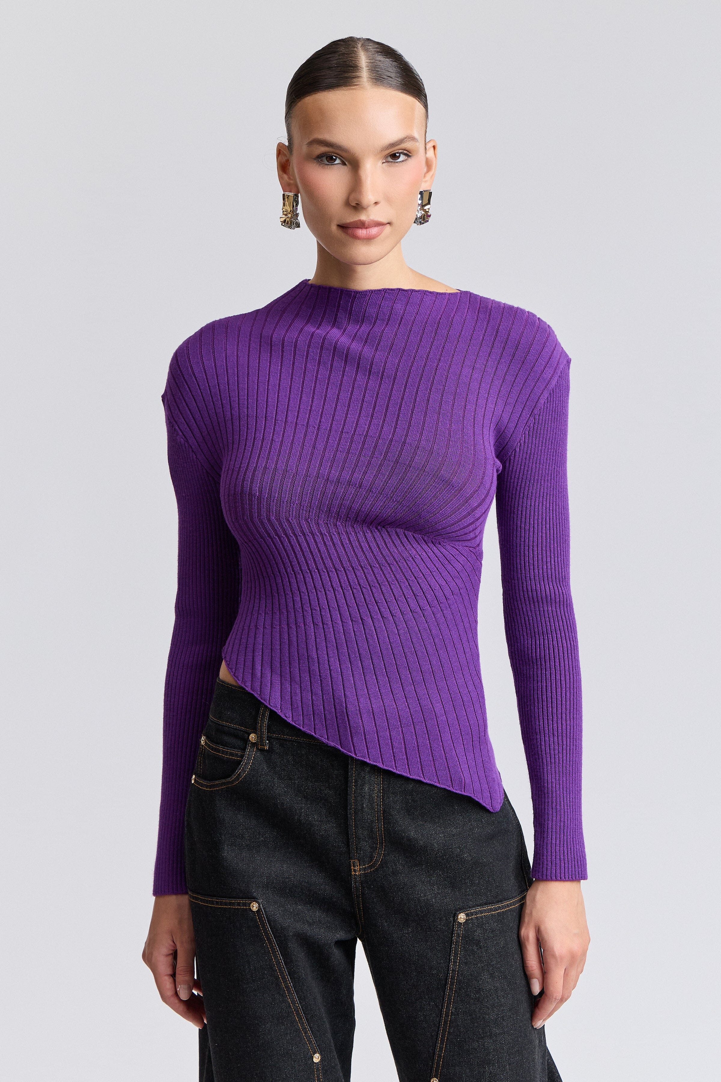 Purple asymmetric ribbed knit long sleeve top sweater - Shop women's cute sweater tops by Avec Les Filles.