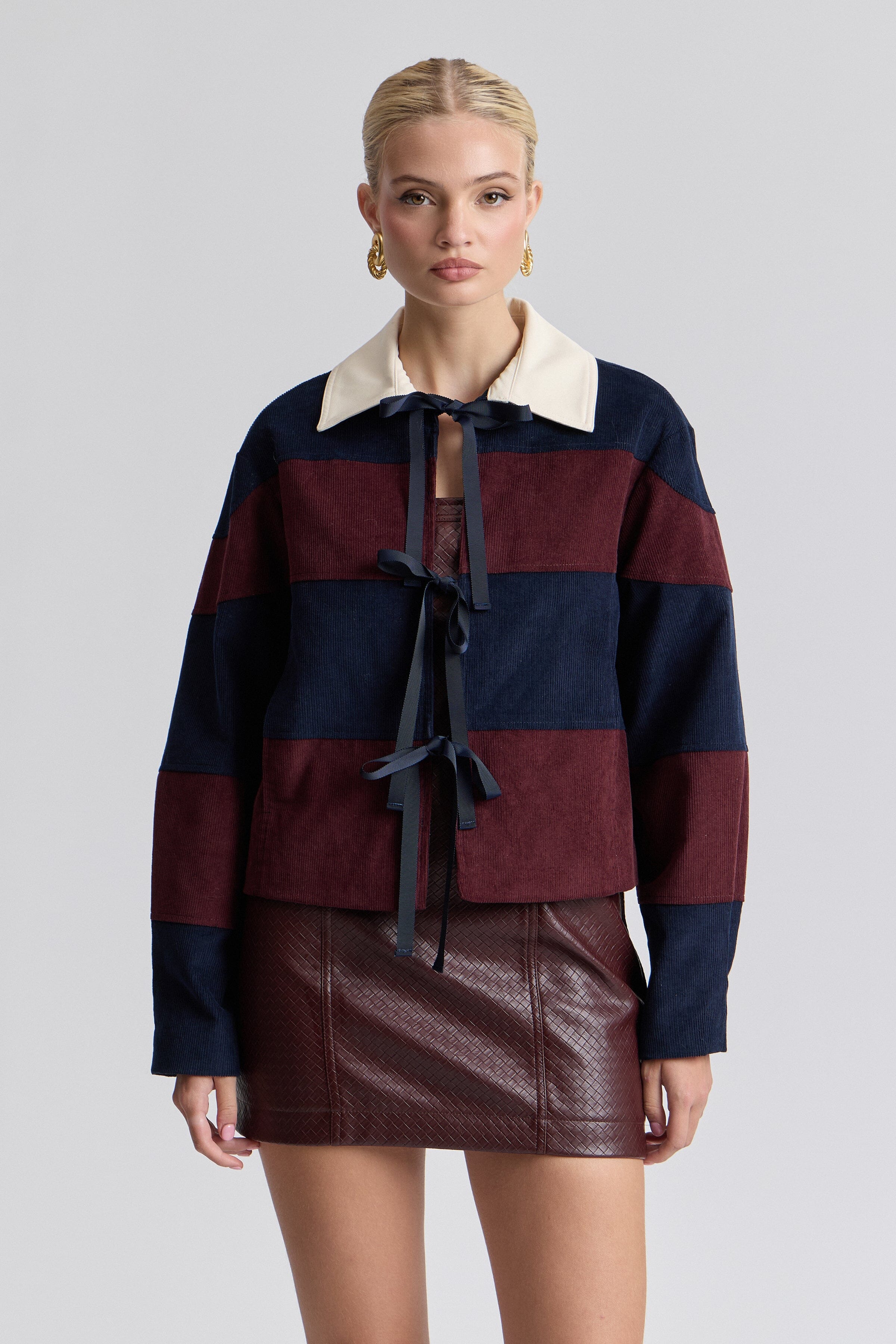 Rugby stripe tie-front corduroy jacket in cotton with point collar and long sleeves. Shop cute jackets by Avec Les Filles.