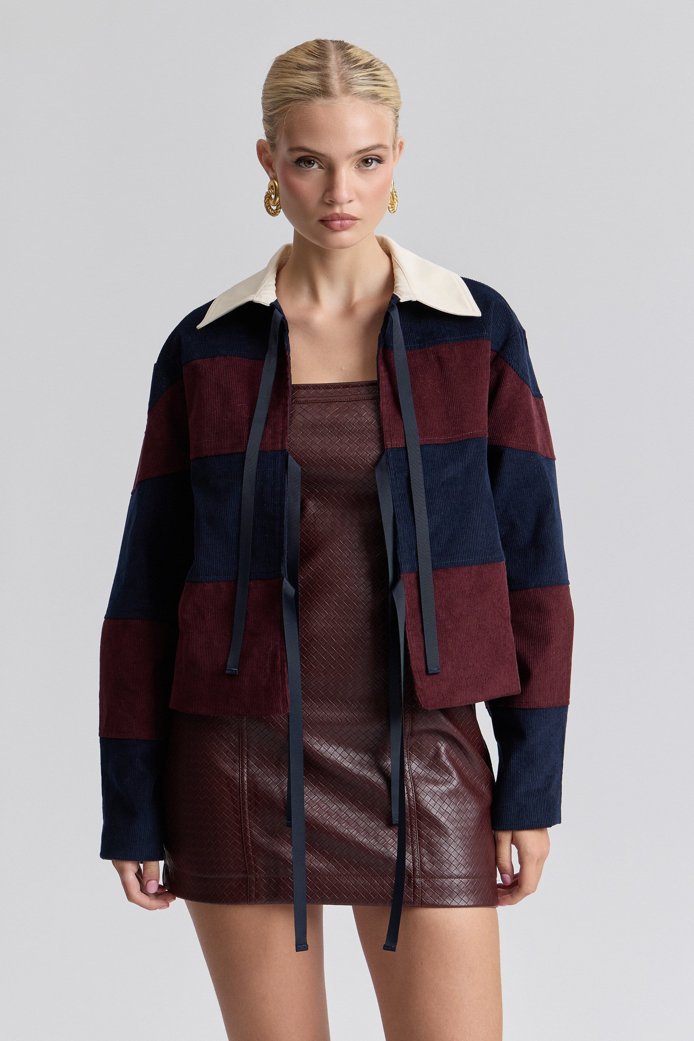 Rugby stripe corduroy jacket womens in cotton with point collar and long sleeves. Shop cute jackets by Avec Les Filles.