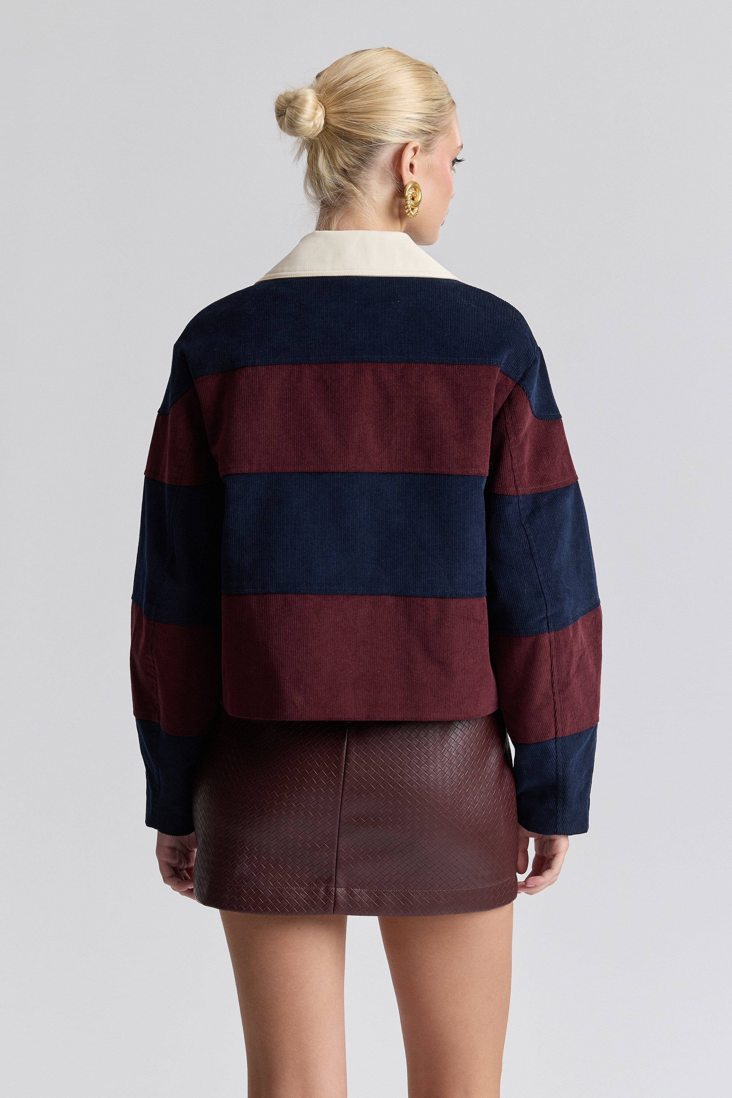 Rugby stripe cropped corduroy collared jacket with long sleeves. Shop women's cute corduroy jackets by Avec Les Filles.