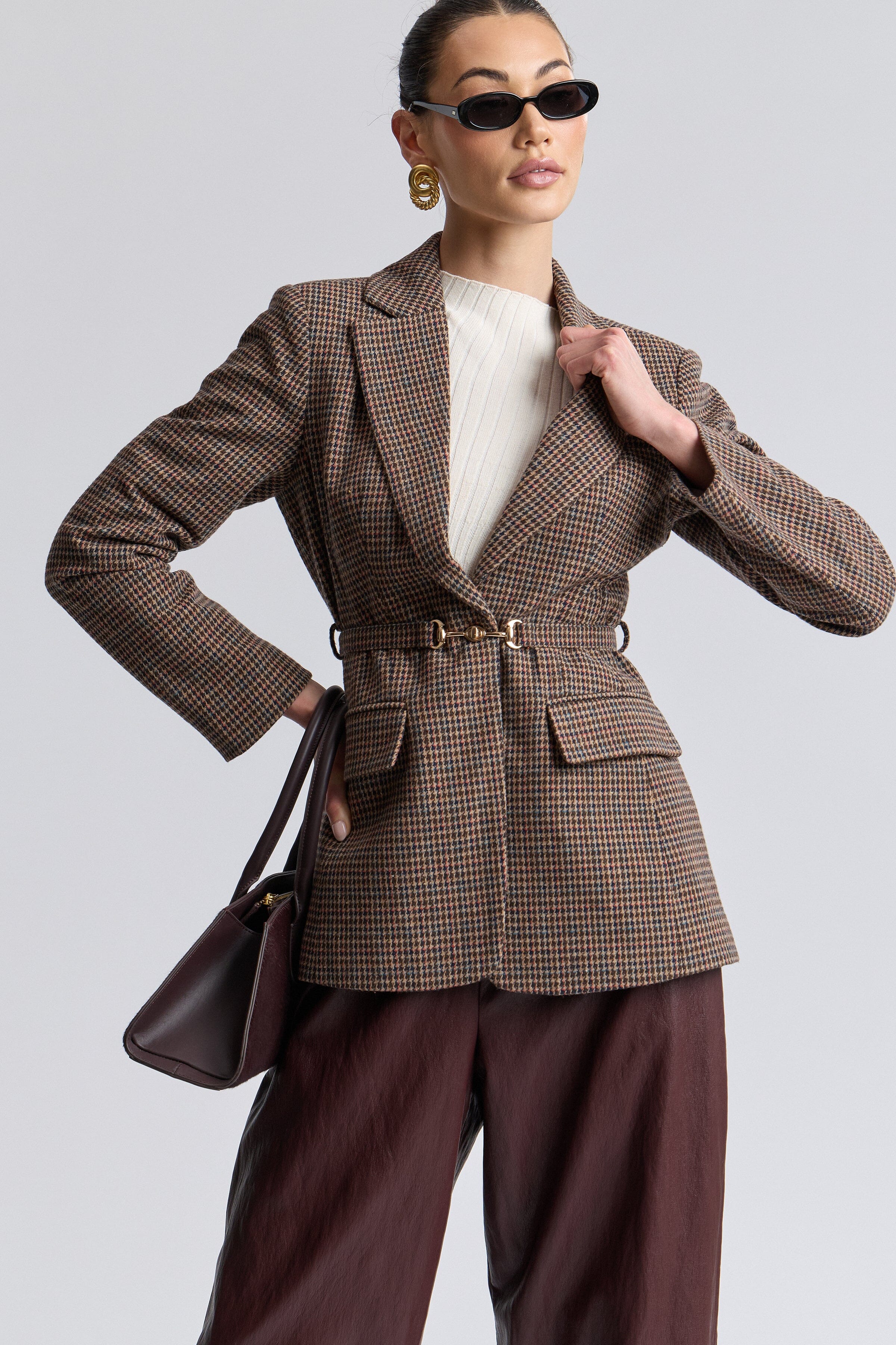 Single-breasted houndstooth brown blazer women with removable belt - Shop women's blazer jackets by Avec Les Filles