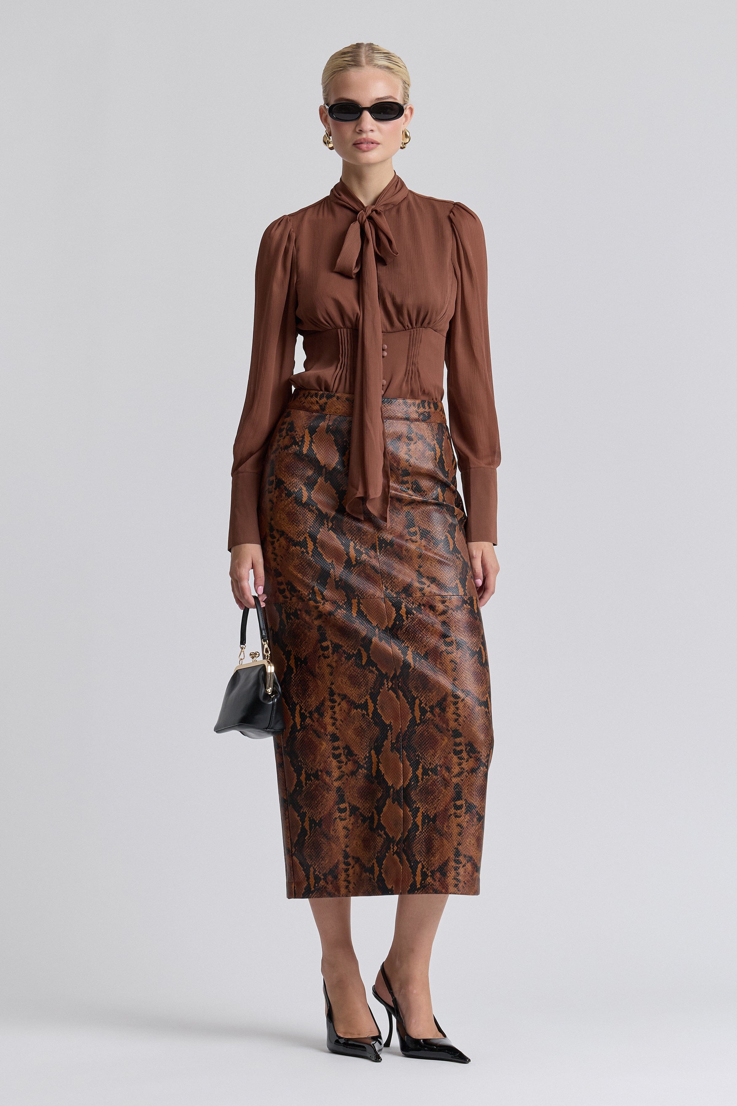 Chiffon tie-neck brown long sleeve top with a faux-button front - Shop women's cute tops by Avec Les Filles.