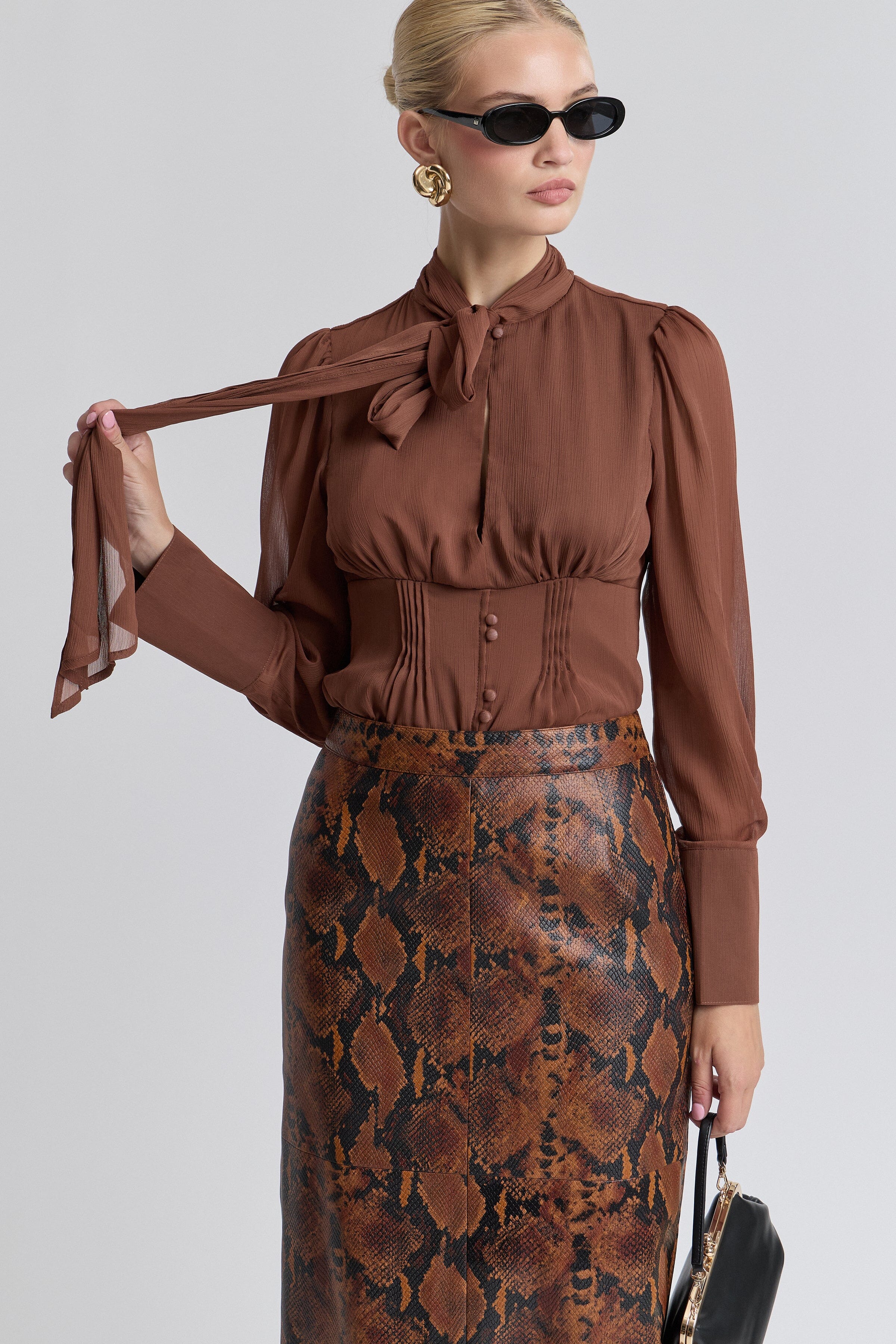 Brown tie-neck chiffon blouse women with long puff sleeves - Shop women's cute chiffon tops by Avec Les Filles.