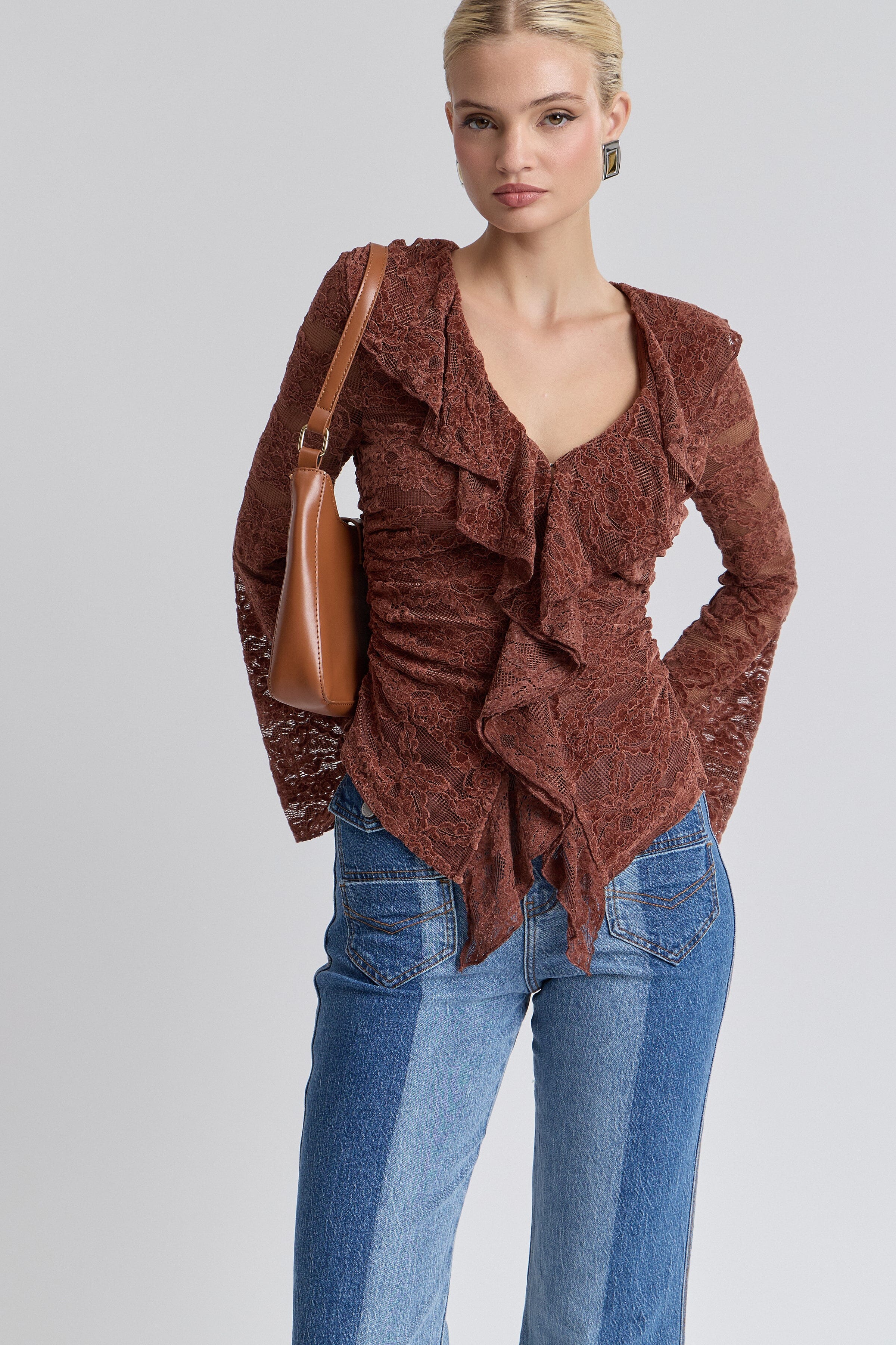 Brown ruffle blouse with deep V-neckline and long sleeves - Shop women's cute ruffle tops by Avec Les Filles.