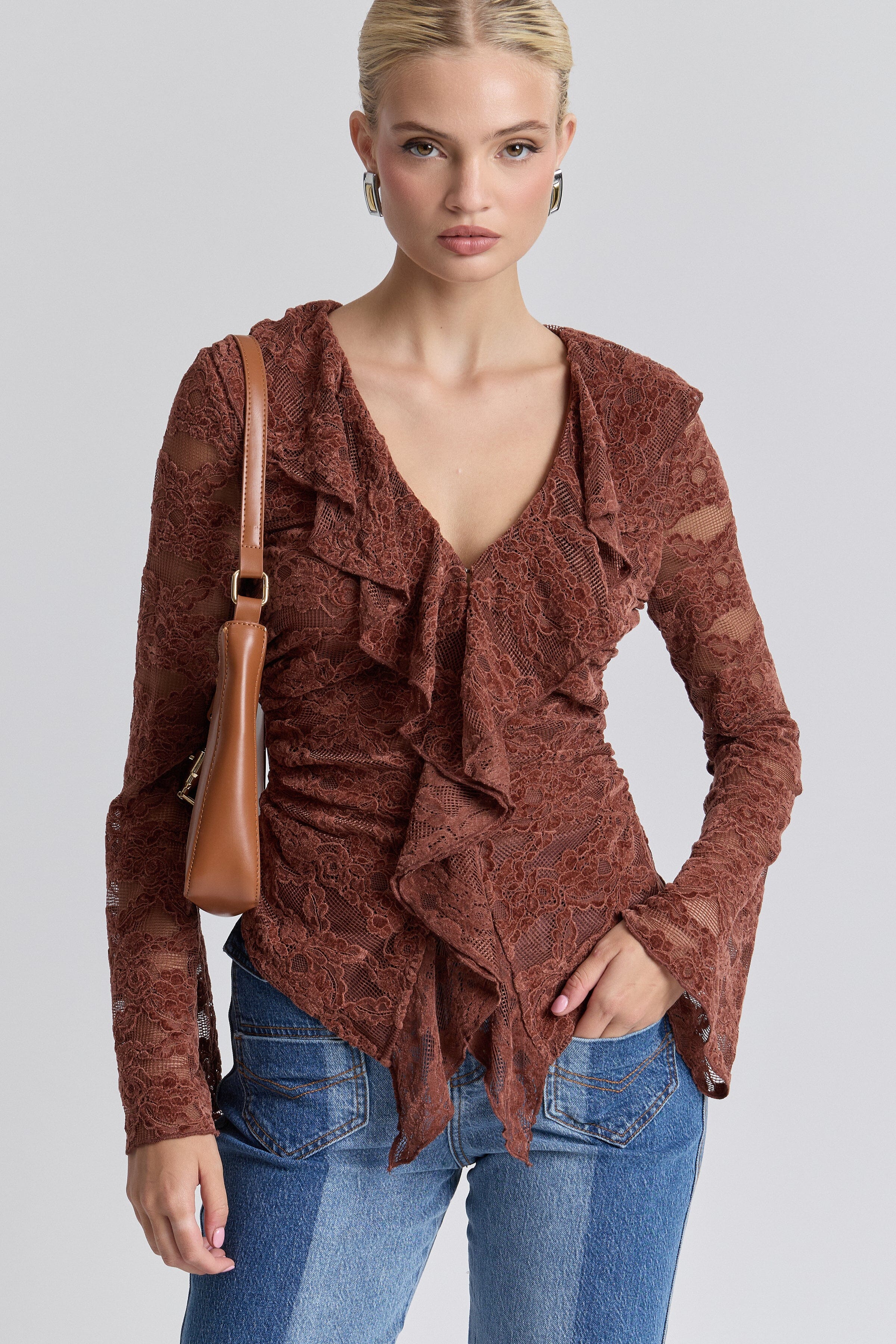 Ruffle-front brown long sleeve lace top with deep V-neckline - Shop women's cute ruffle tops by Avec Les Filles.