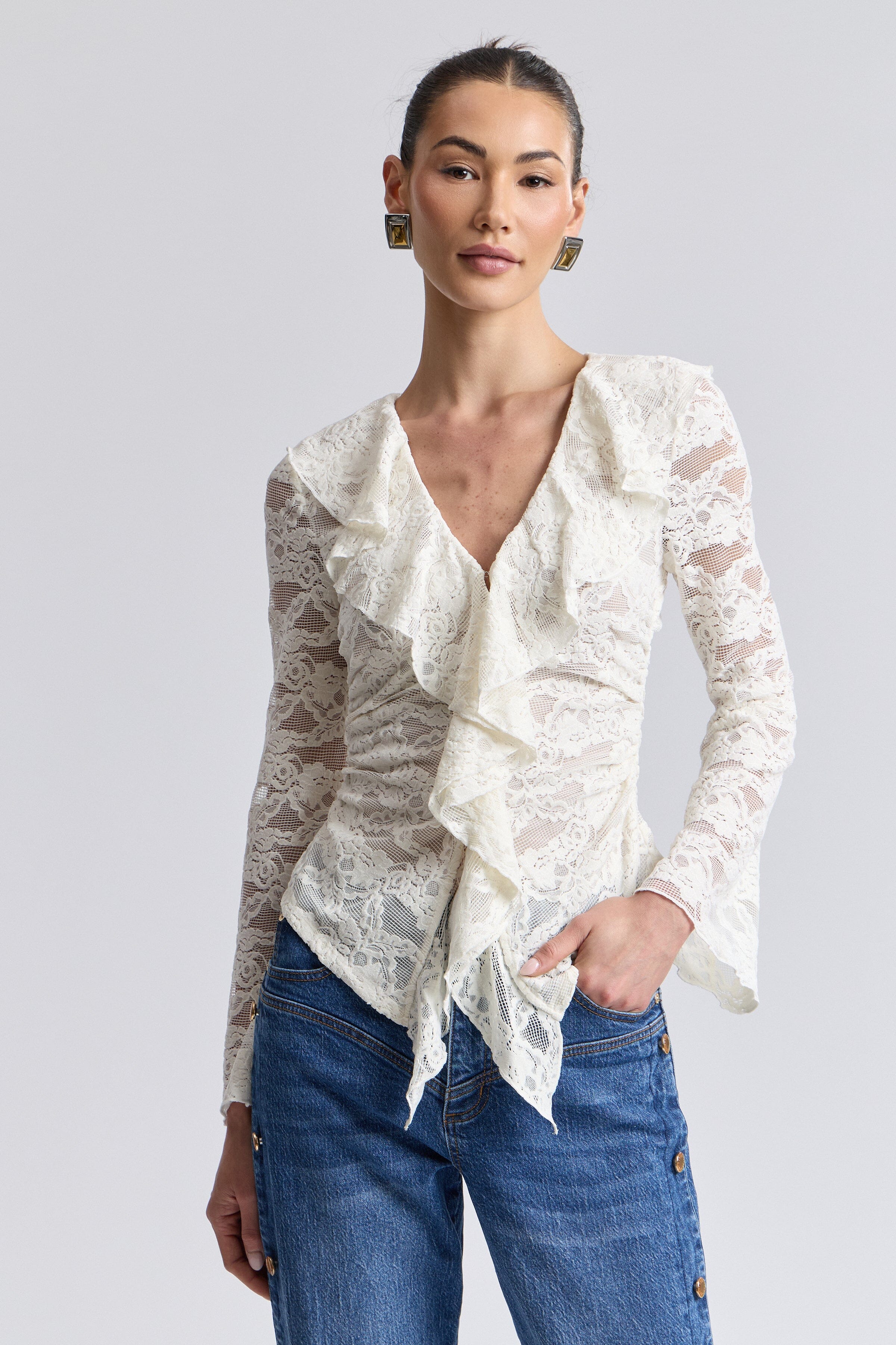 Ruffle front off white long sleeve lace top with deep V-neckline - Shop women's cute ruffle tops by Avec Les Filles.