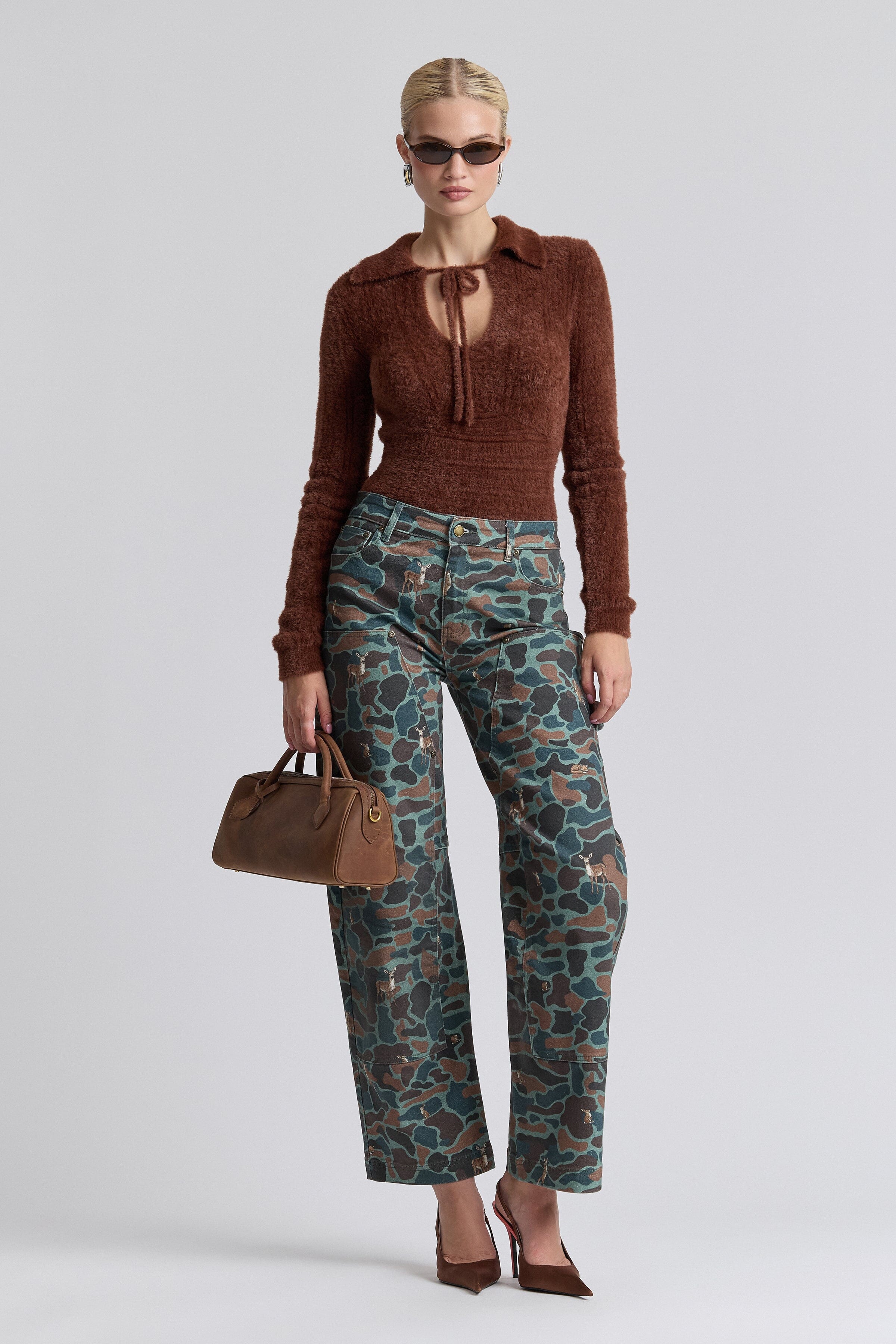 Brown soft fuzzy sweater with long sleeves and keyhole tie neck - Shop women's cute sweaters by Avec Les Filles