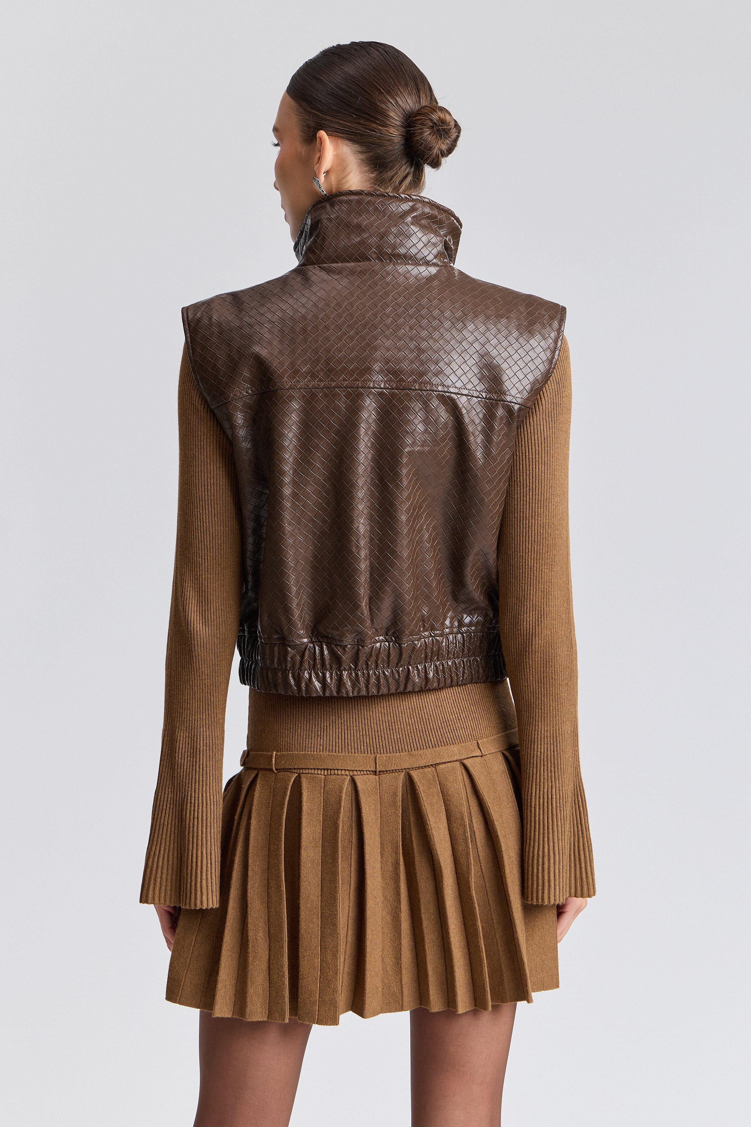 Womens brown leather vest with stand collar - Shop designer cropped vests by Avec Les Filles