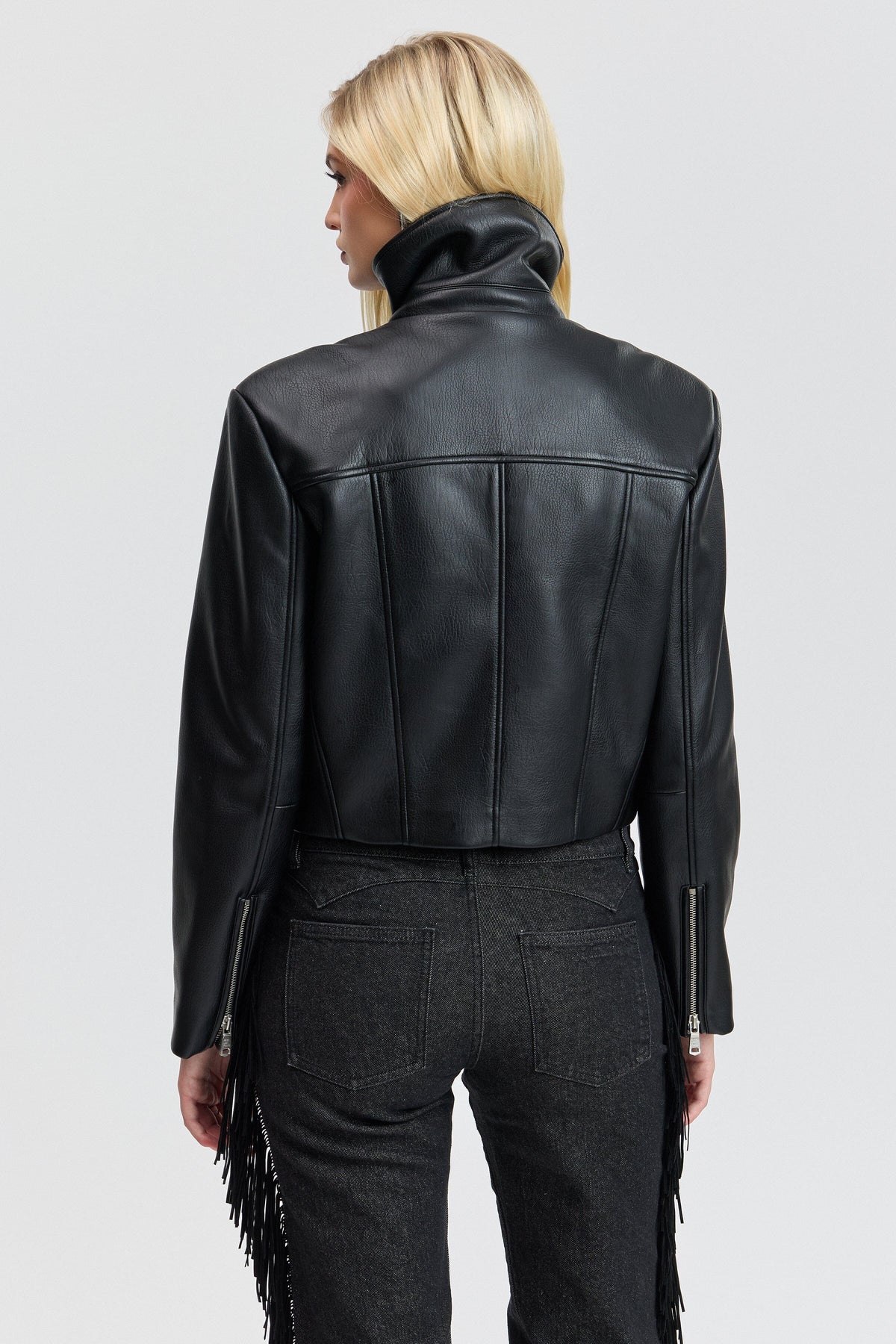 Black leather cropped moto jacket with a high stand collar. Shop designer women's cute cropped jackets by Avec Les Filles.