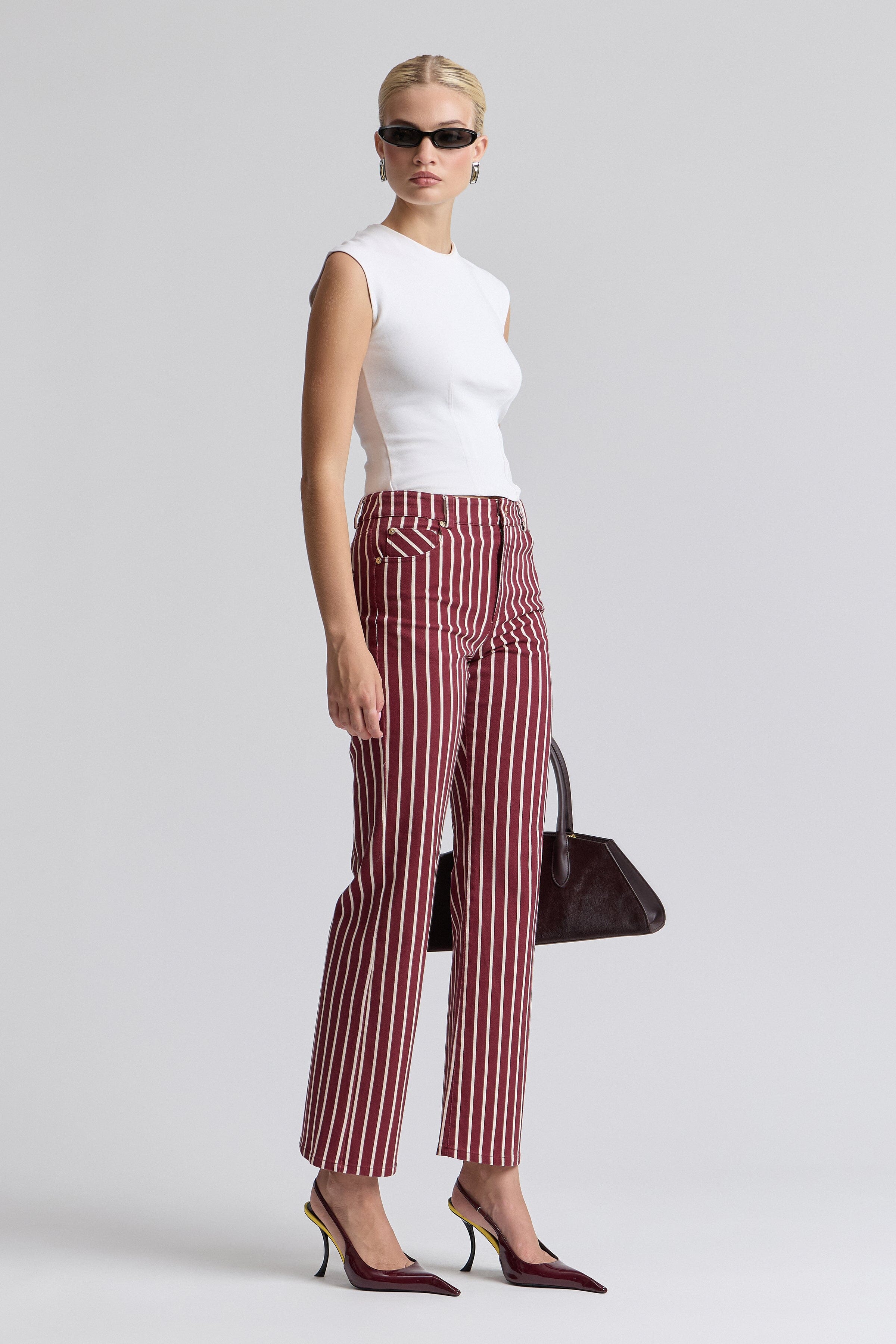 Red striped flare jeans in a cotton blend with a high-rise waist - Shop women's cute red flare jeans by Avec Les Filles.