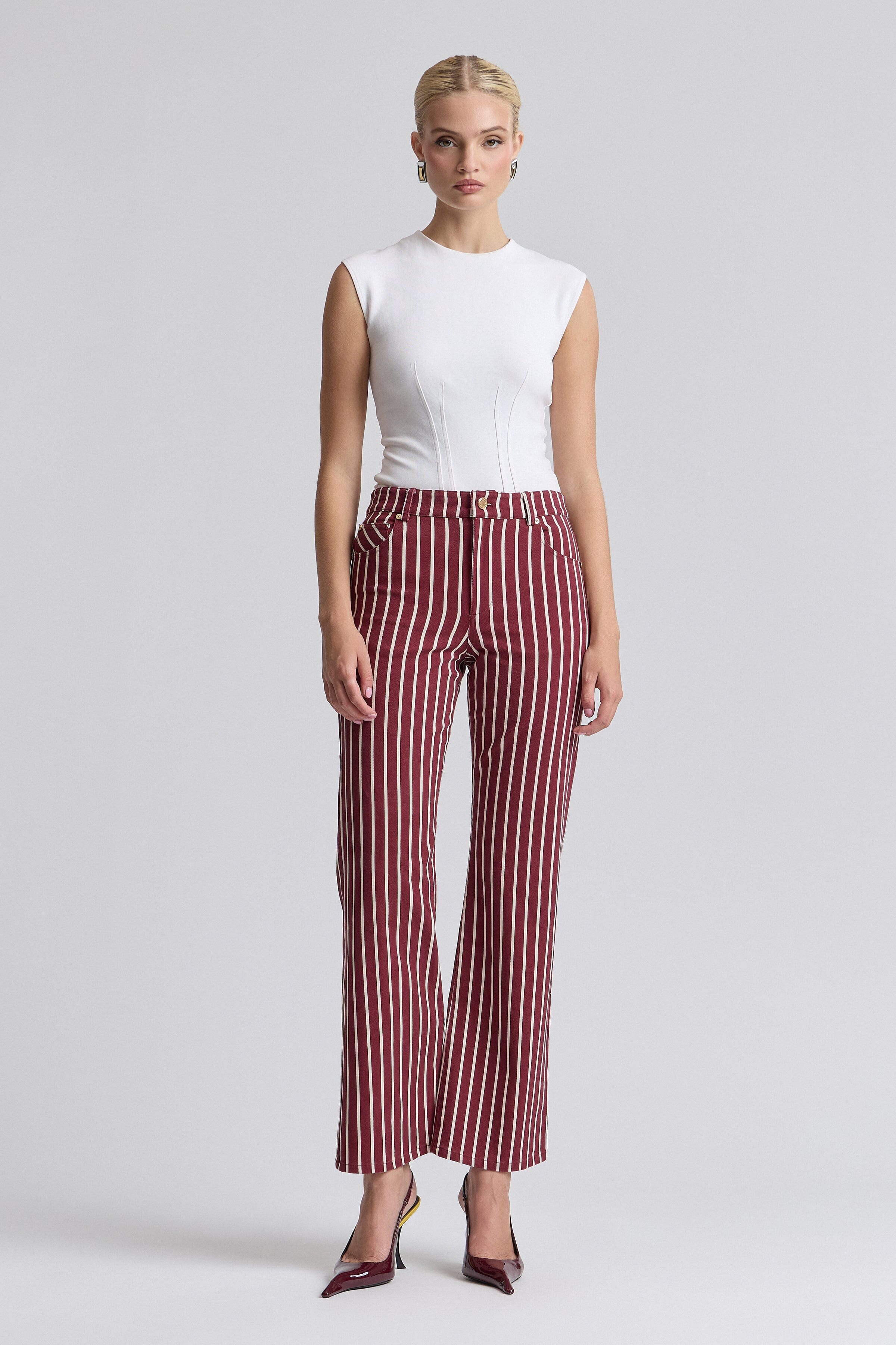 Flared red and white striped pants with a high-rise waist - Shop women's cute red flare jeans by Avec Les Filles.