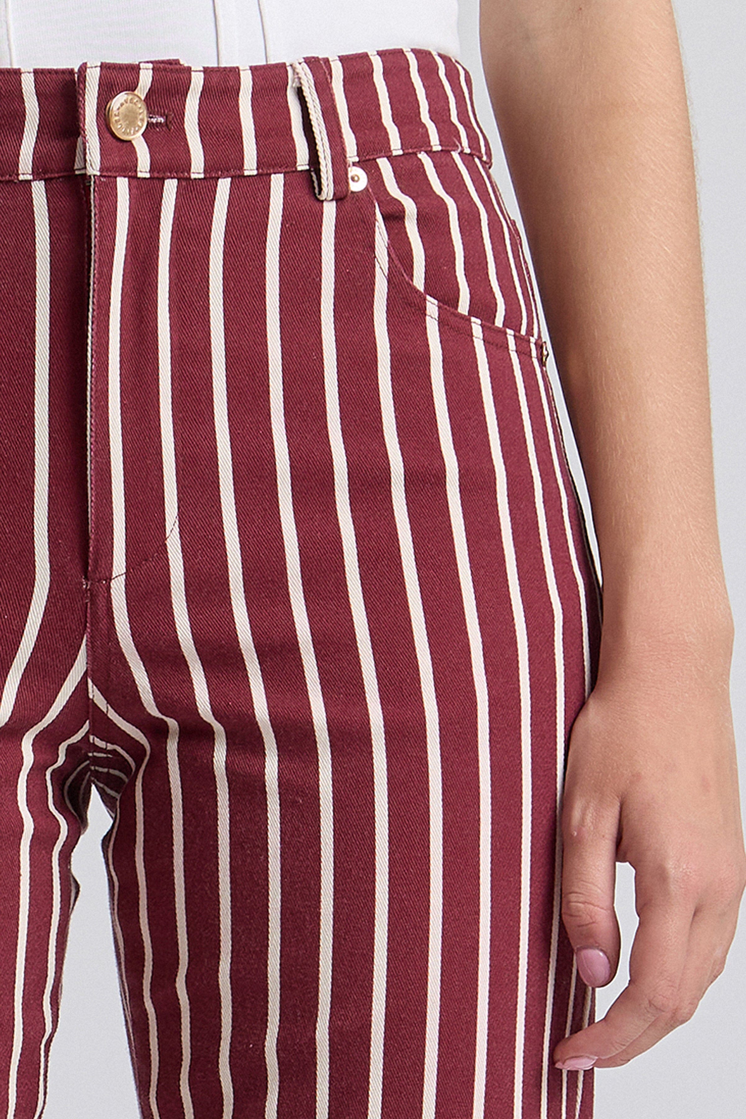 Striped flared red jeans in a cotton blend with a high-rise waist - Shop women's cute red flare jeans by Avec Les Filles.