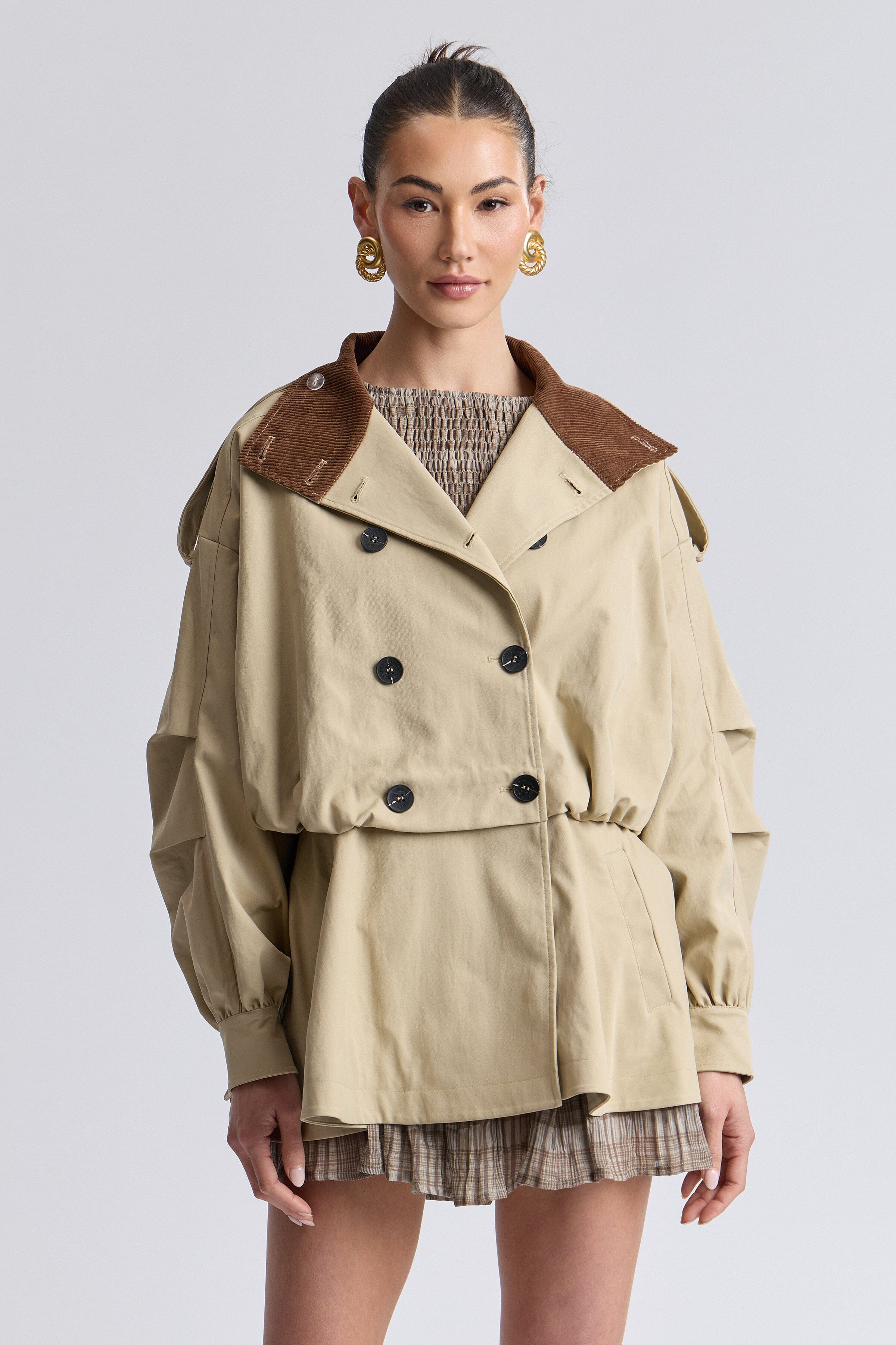 Corduroy-collar peplum tan trench coat womens with long sleeves - Shop designer jackets by Avec Les Filles.