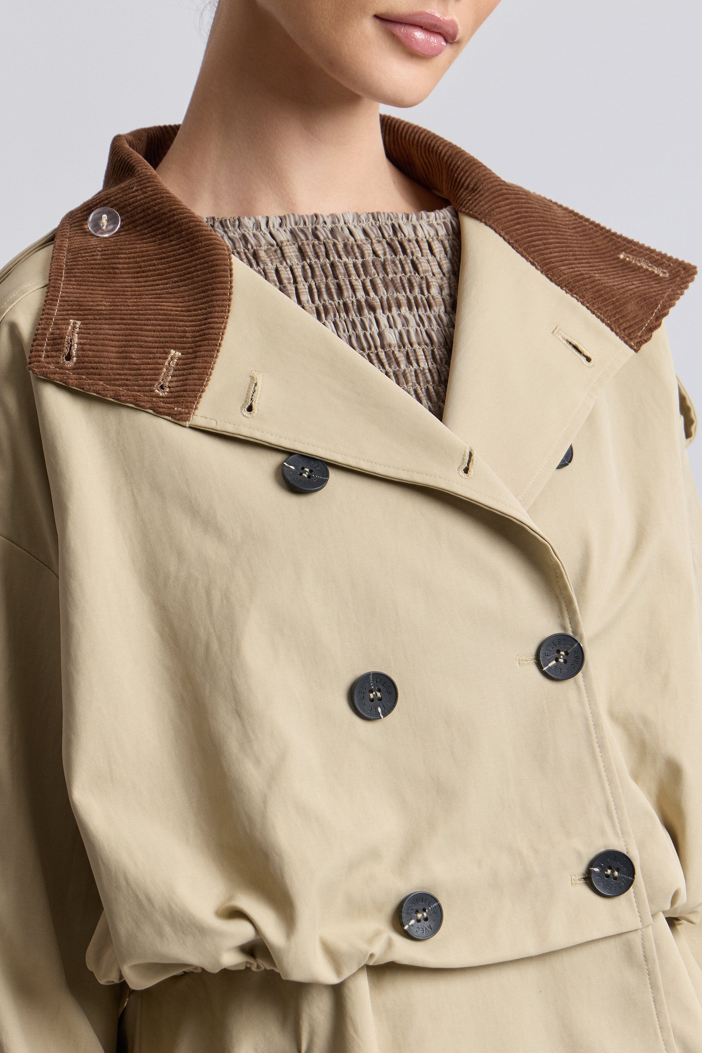 Corduroy-collar khaki colored trench coatwith waist drawcord - Shop women's cute jackets by Avec Les Filles.
