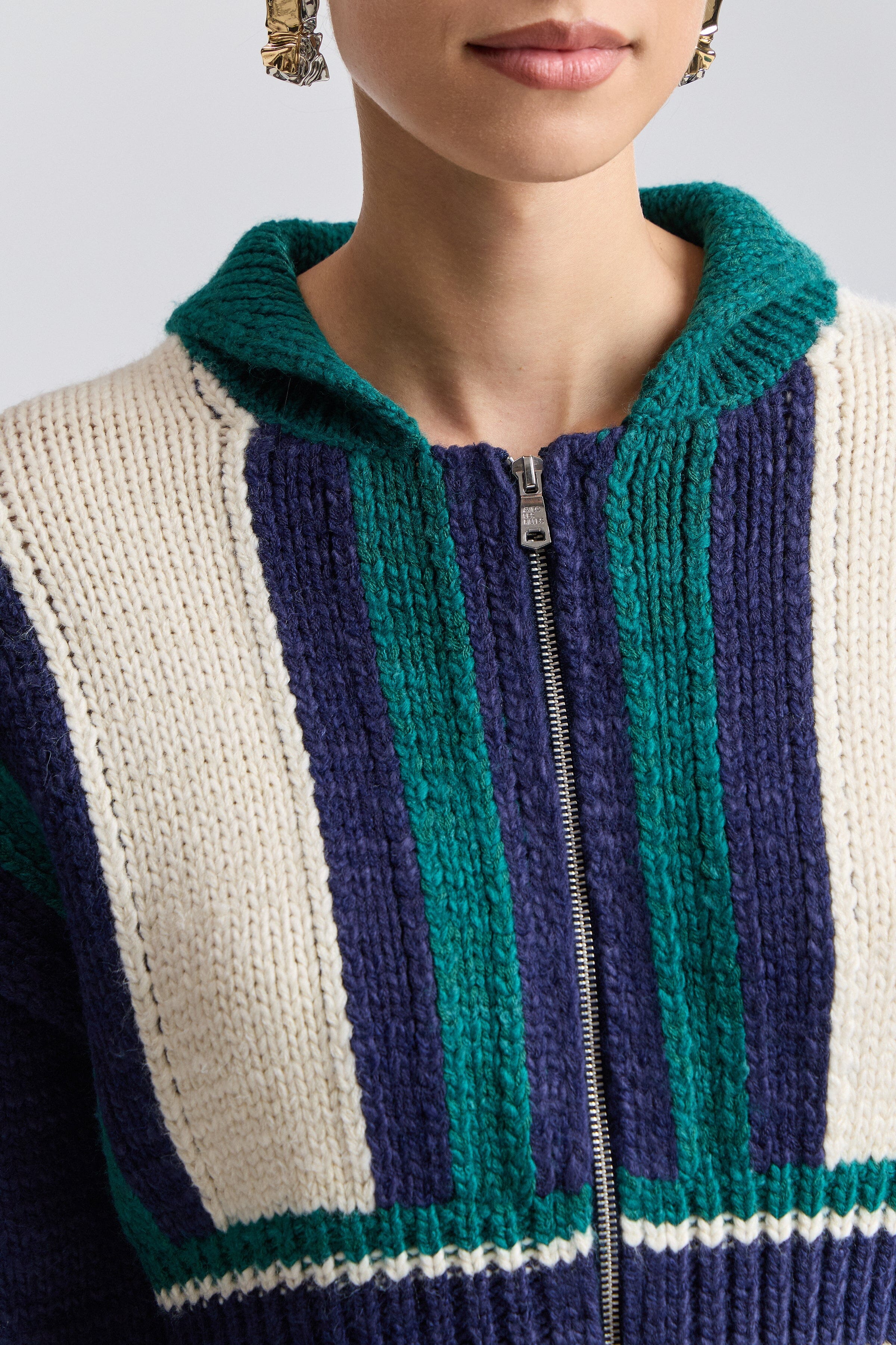 Varsity navy blue and green cropped zip cardigan with wide knit collar - Shop women's cardigans by Avec Les Filles.