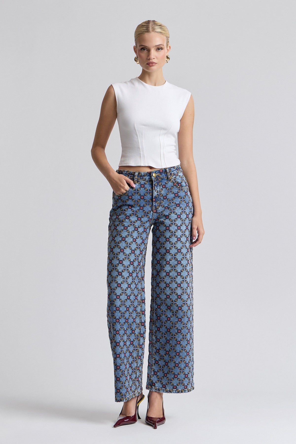 Wide-leg embroidered denim jeans with mid-rise waist. Shop women's cute denim jeans by Avec Les Filles.