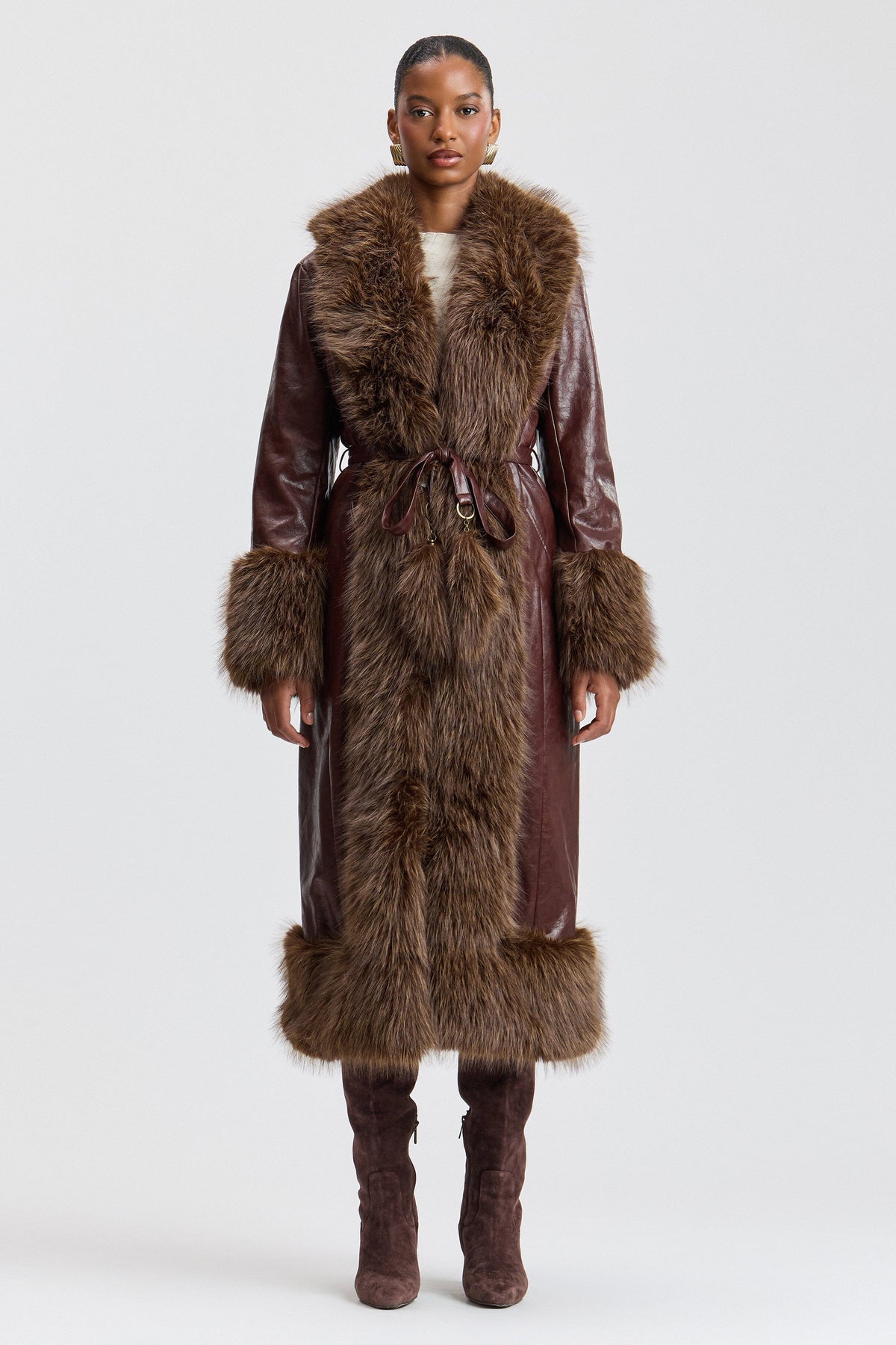 Brown belted faux fur coat long with a lapel collar - Shop designer women's cute faux fur jackets by Avec Les Filles.