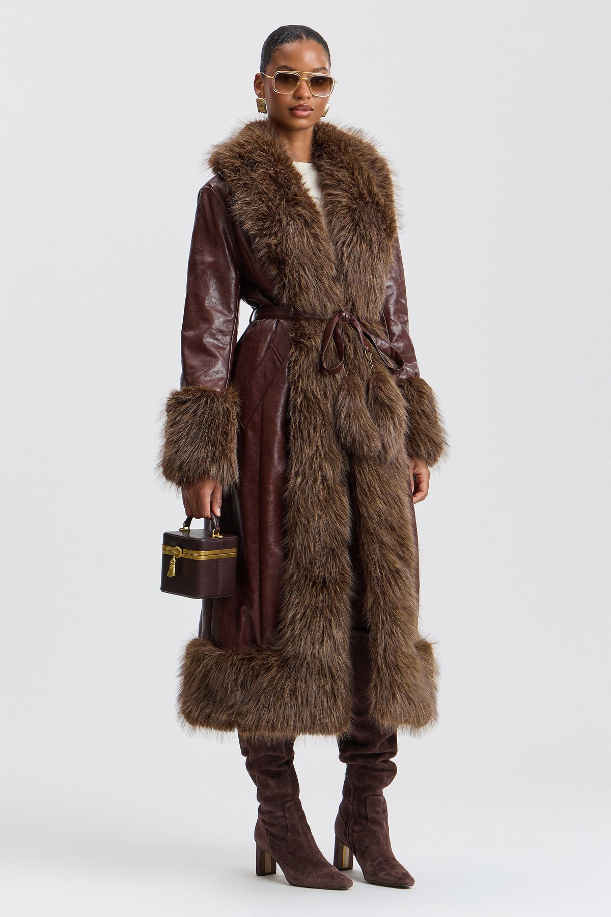 Belted long brown fur coat with a centre front and lapel collar - Shop women's cute faux fur jackets by Avec Les Filles.