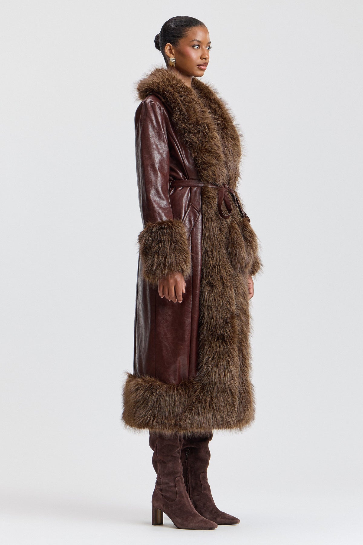 Brown belted long faux fur coat with a lapel collar - Shop designer women's cute faux fur jackets by Avec Les Filles.