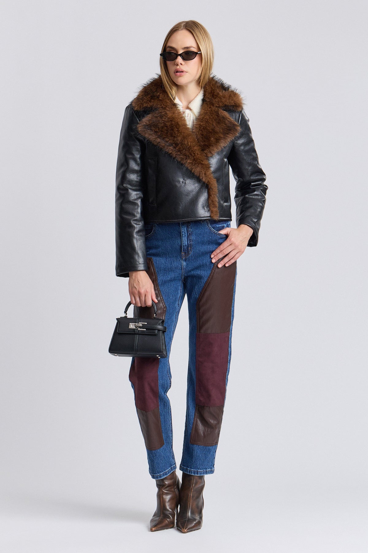 Black cropped fake leather jacket with snap-front and long sleeves - Shop women's cute jackets by Avec Les Filles.