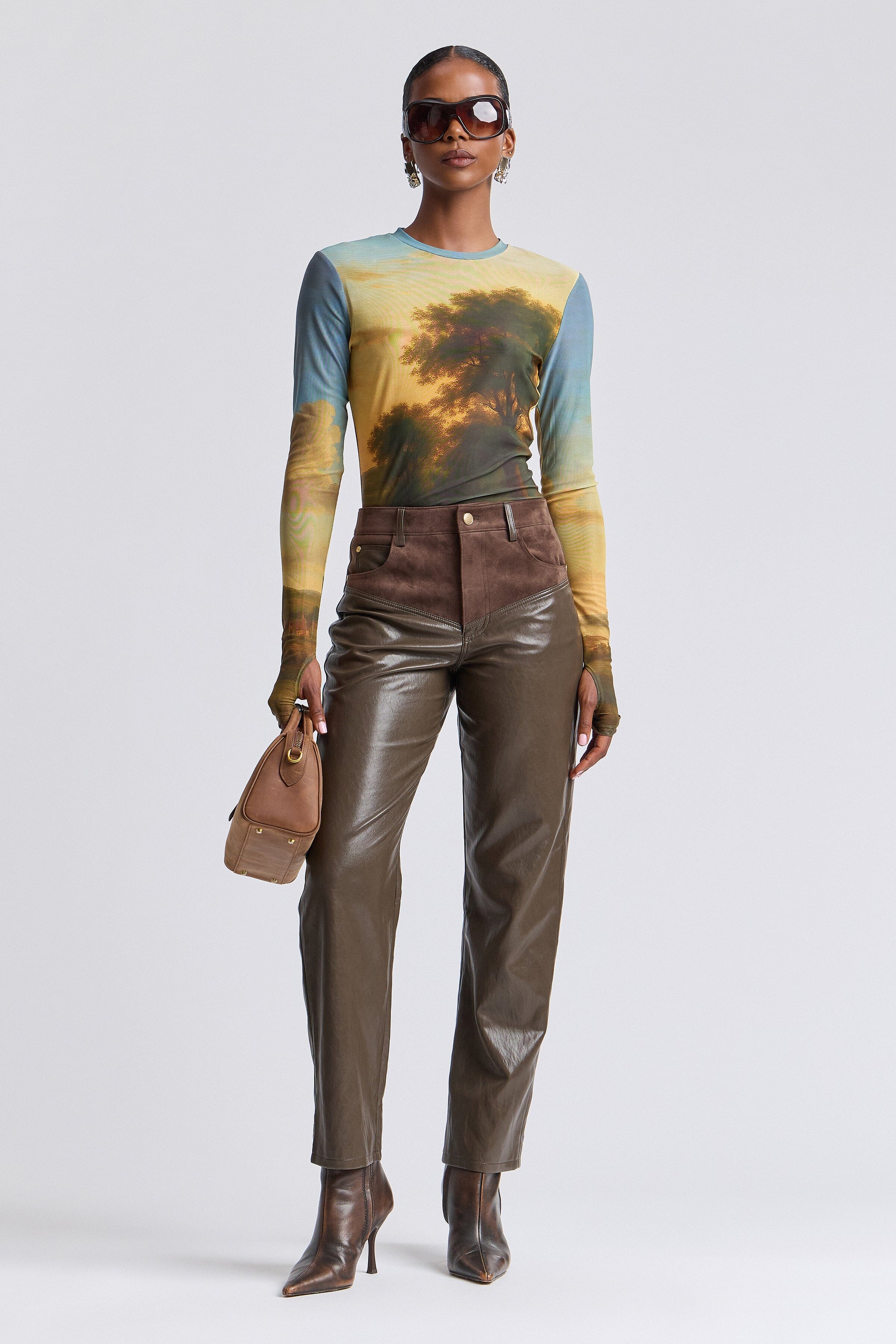 Suede straight-leg olive ffaux leather pants women with a high-rise waist - Shop leather pants by Avec Les Filles.