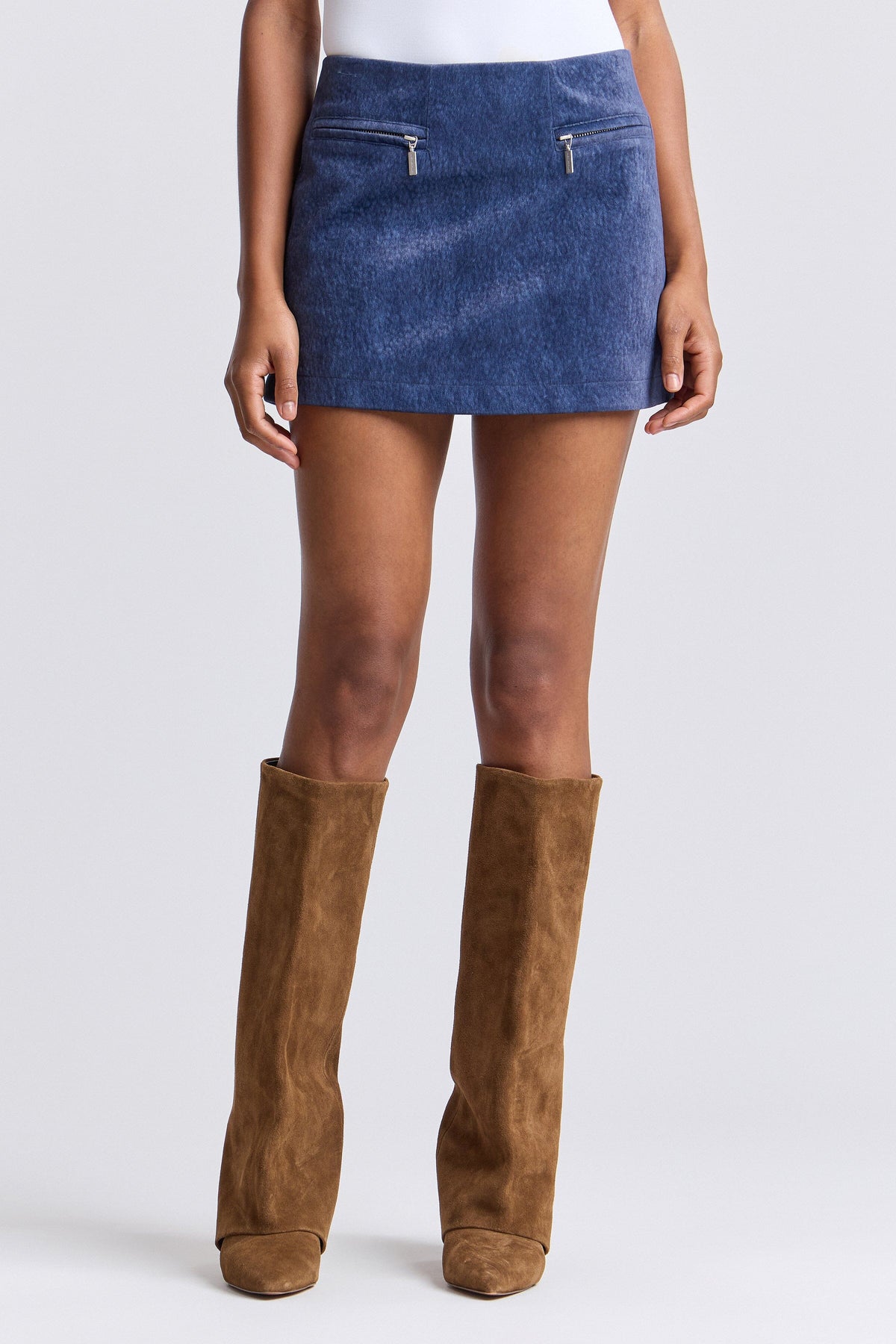 Faux wool mini blue skirt with zip pockets and A-line silhouette - Shop women's mini skirts by Avec Les Filles.