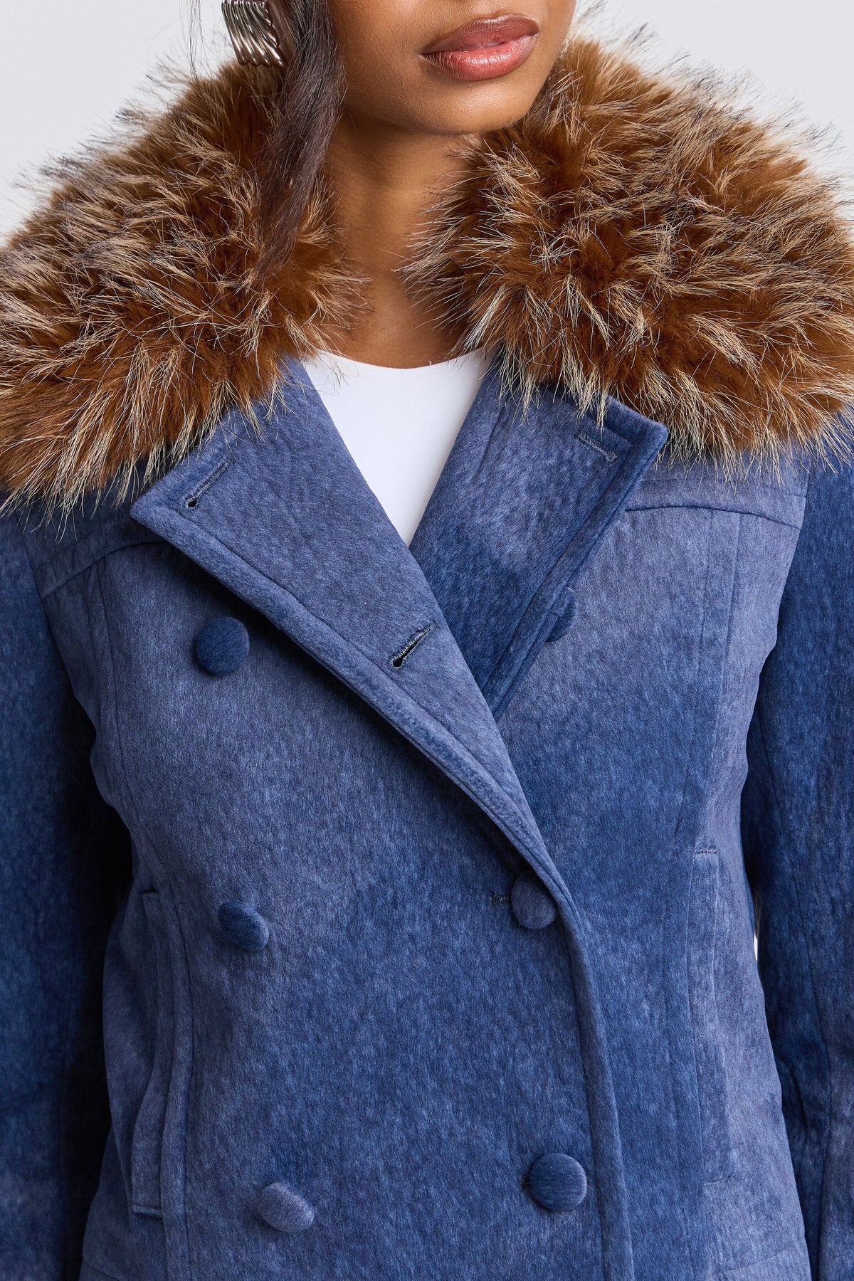 Blue double-breasted fake fur trim coat with detachable collar - Shop women's cute coat jackets by Avec Les Filles.