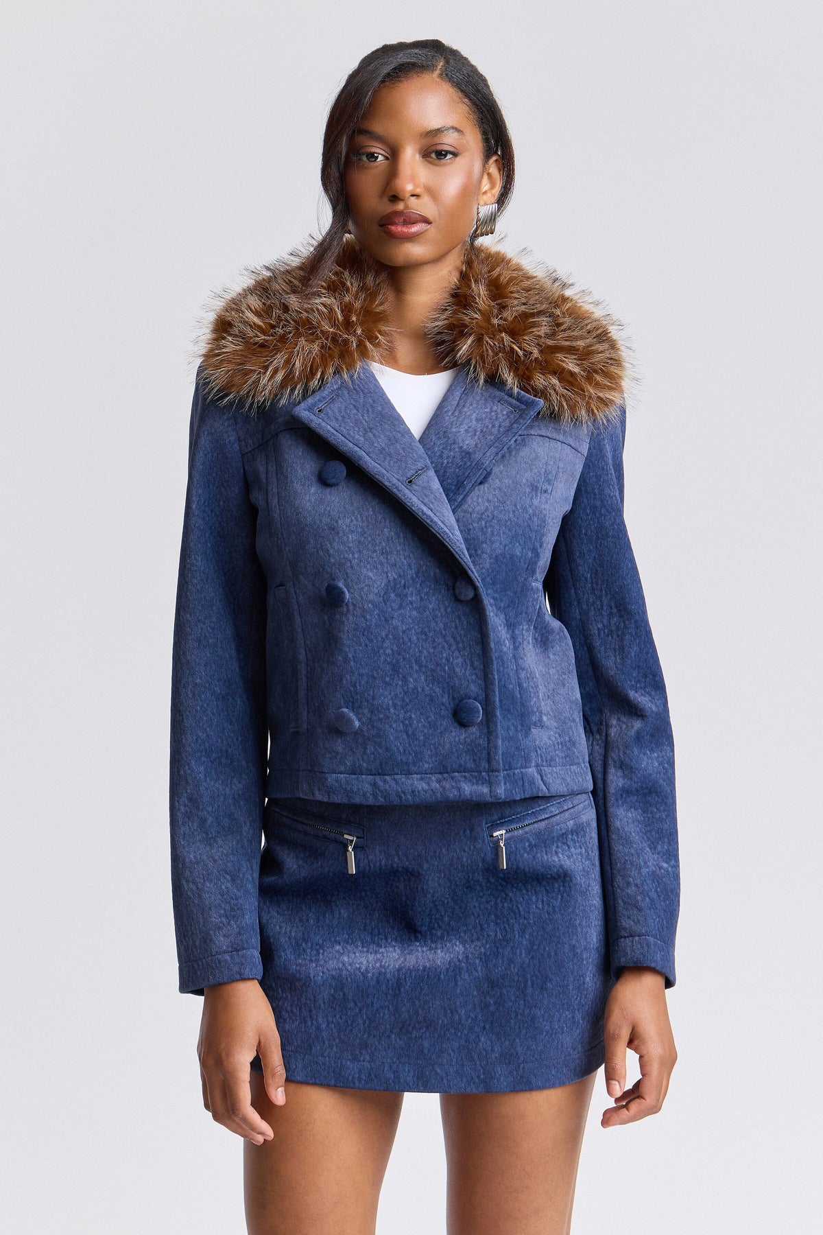 Blue double-breasted faux fur trim coat womens with detachable collar - Shop cute coat jackets by Avec Les Filles.