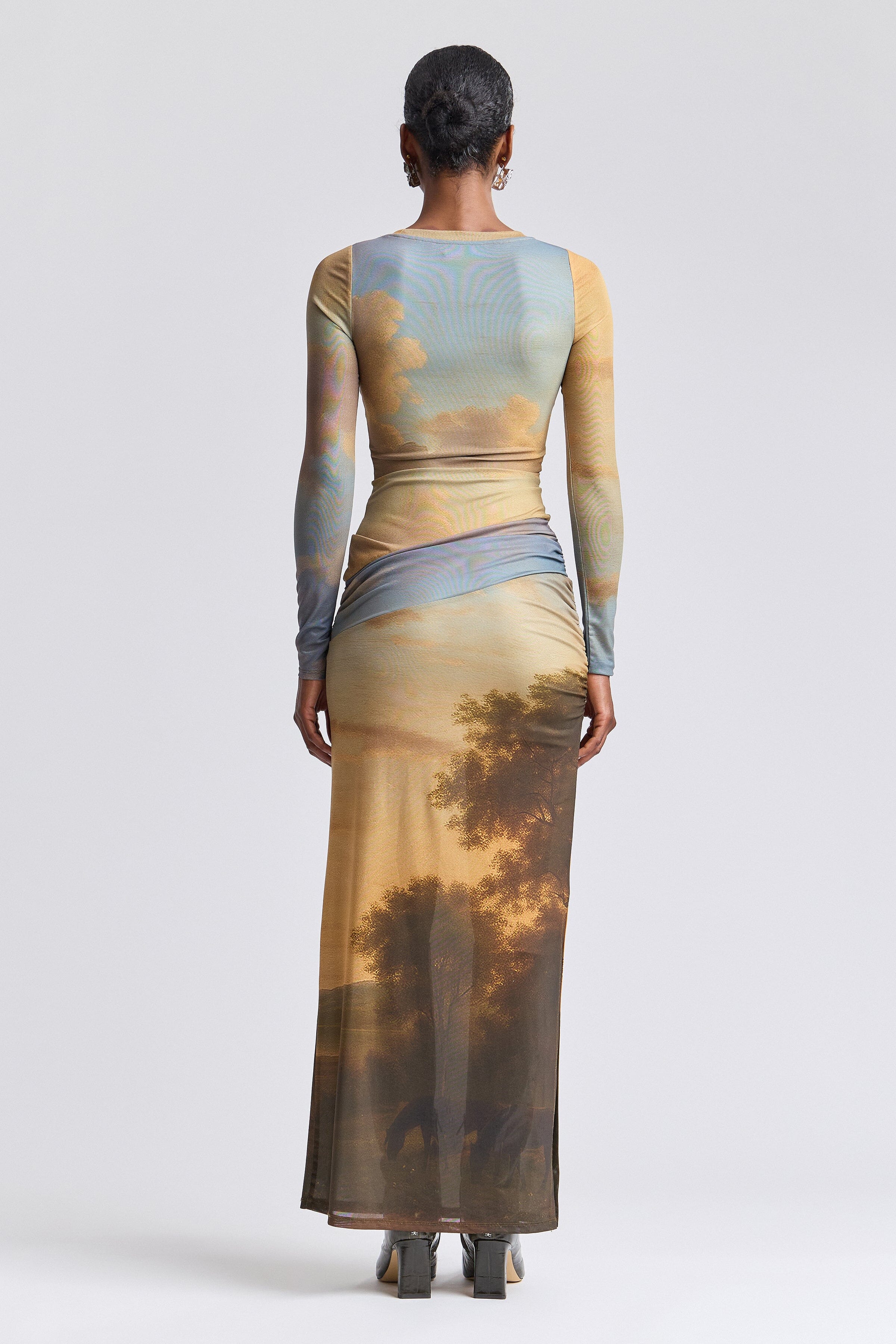 Multicolor printed mesh maxi dress with long sleeves - Shop designer women's cute maxi dresses by Avec Les Filles.