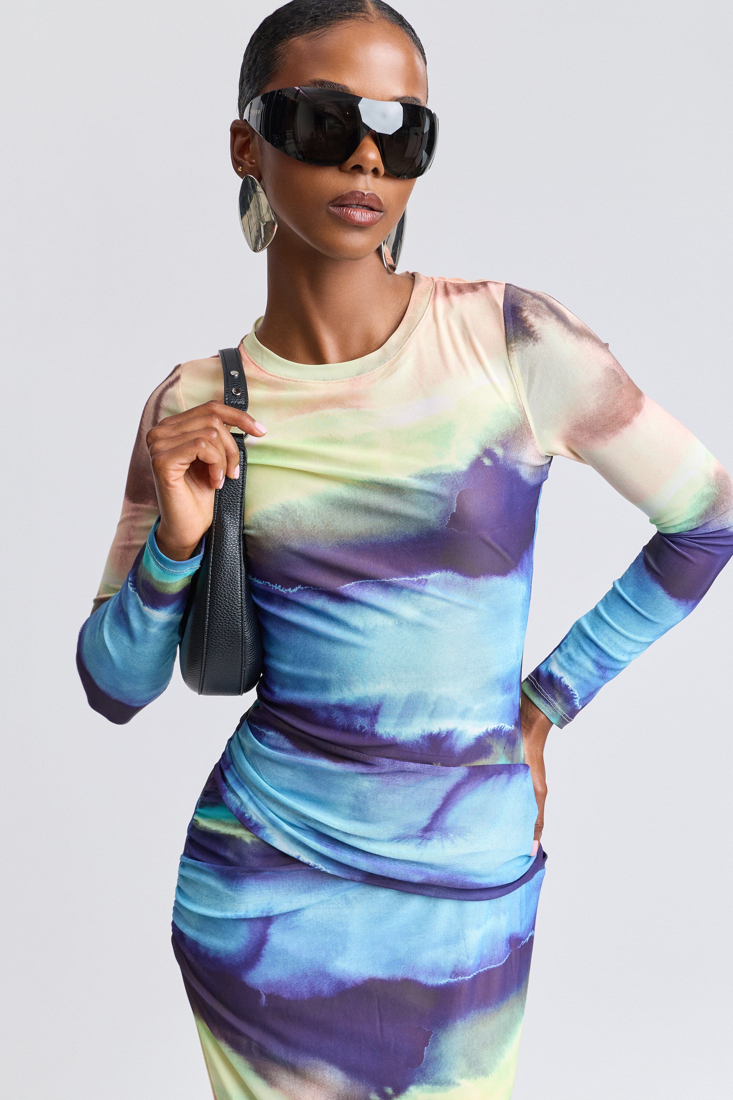 Maxi multicolor mesh dress with crew neck and long sleeves - Shop women's cute maxi dresses by Avec Les Filles.