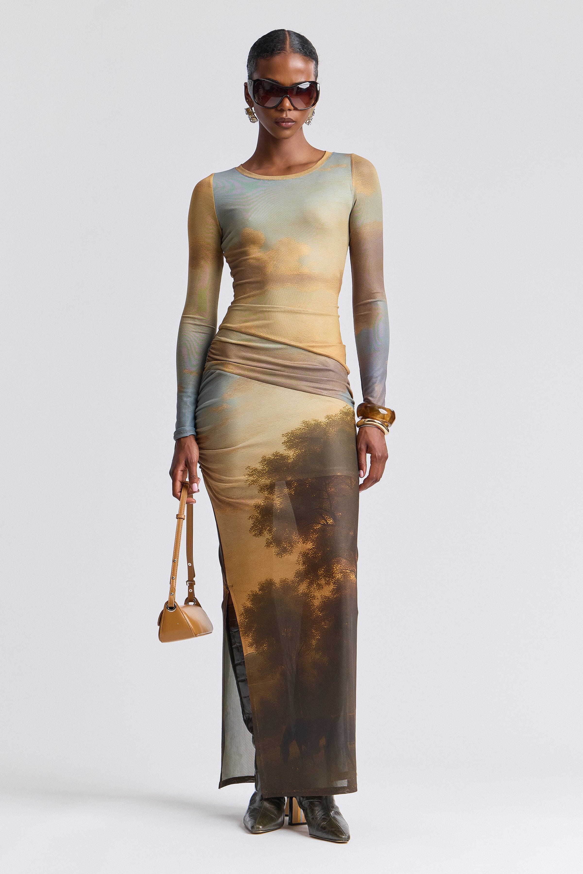 Multicolor printed long sleeve mesh dress with round neck - Shop women's maxi dresses by Avec Les Filles.