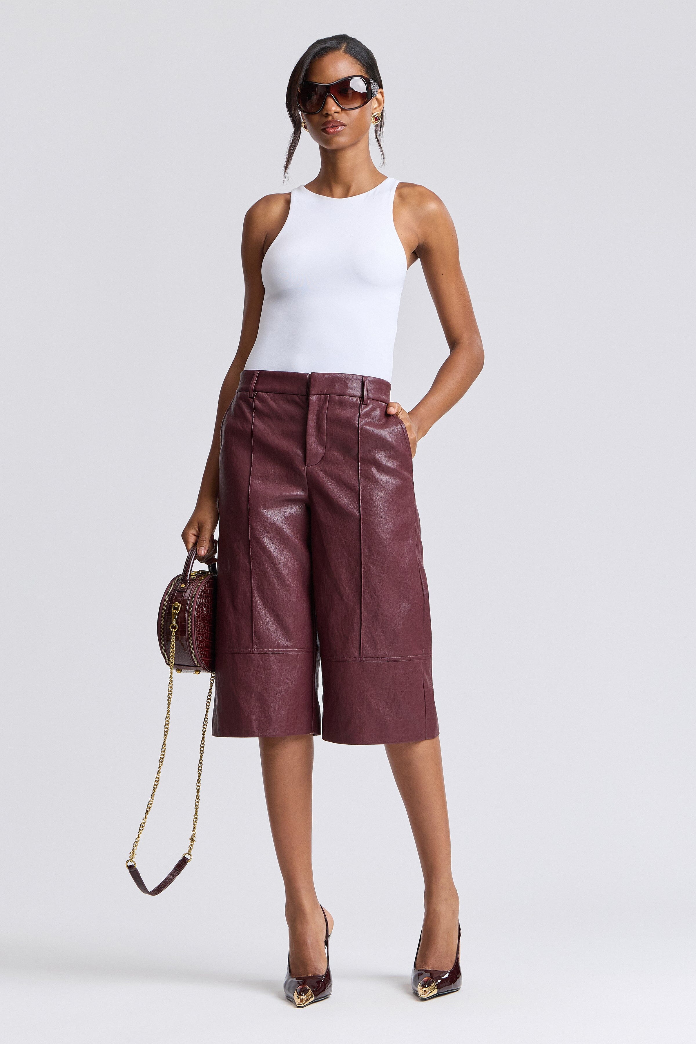 Wide-leg red faux leather womens culottes knee length with high waist - Shop trouser culottes by Avec Les Filles.