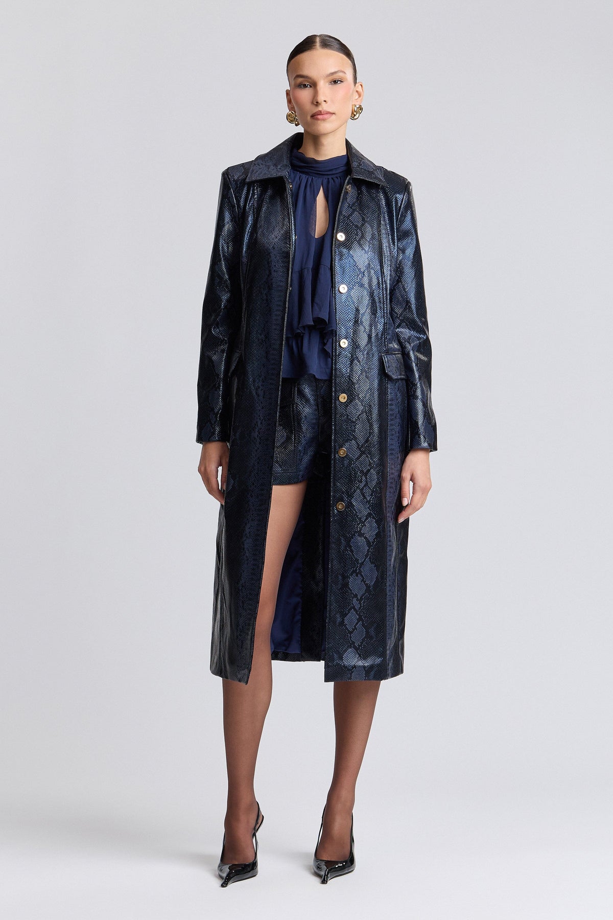 Navy blue leather trench coat with long sleeves and point shirt collar - Shop cute trench coats by Avec Les Filles.